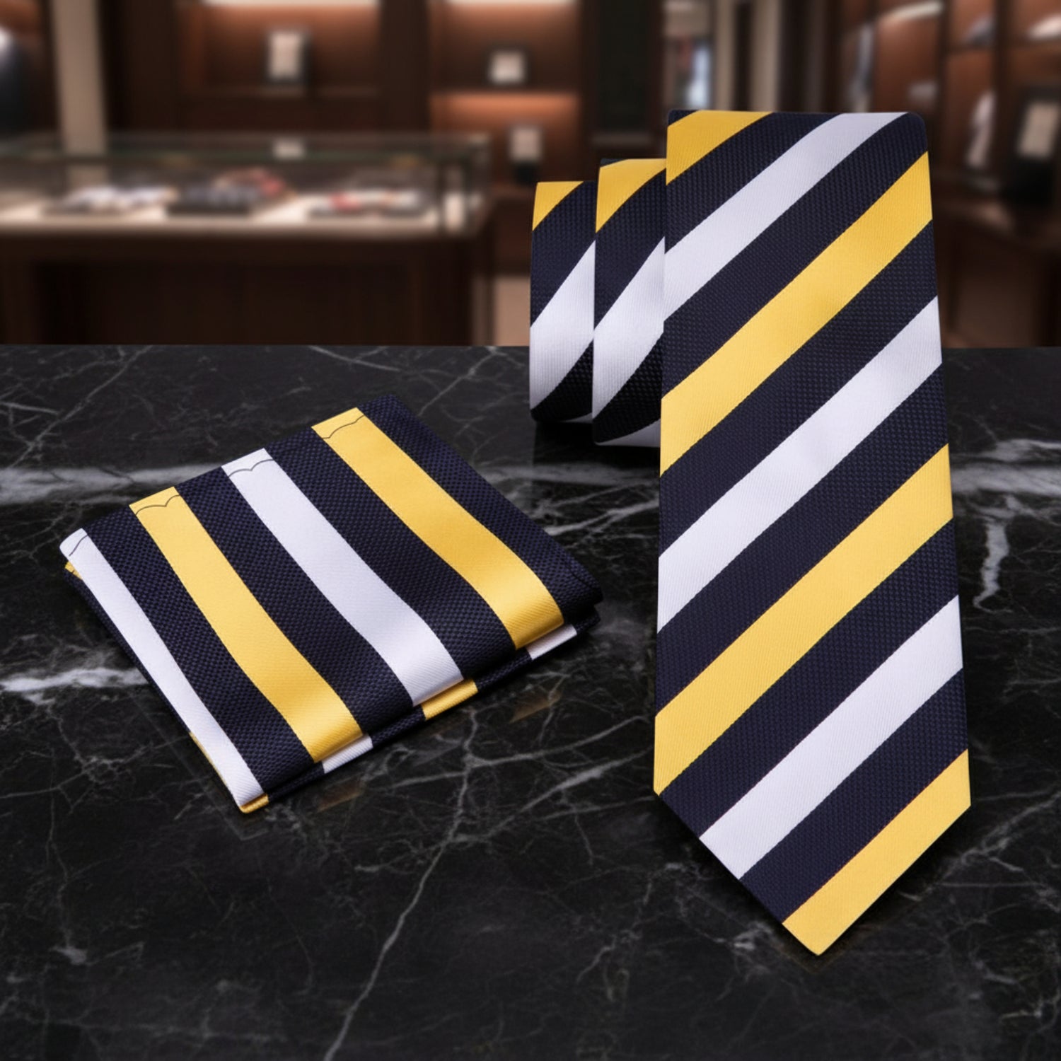 Boys Navy Yellow White Stripe Tie for Weddings & Formal Outfits