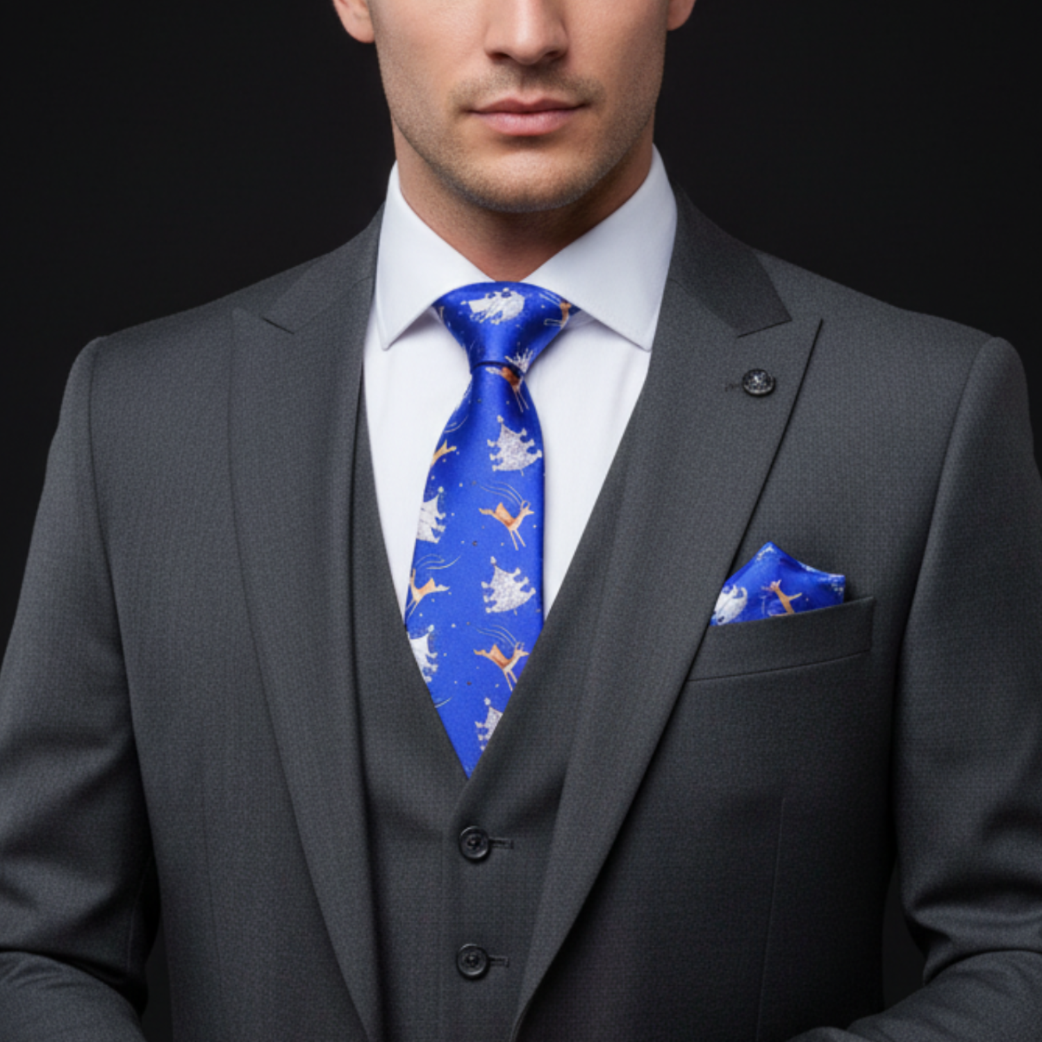Man wearing a gray suit with a blue tie and pocket square on a black background