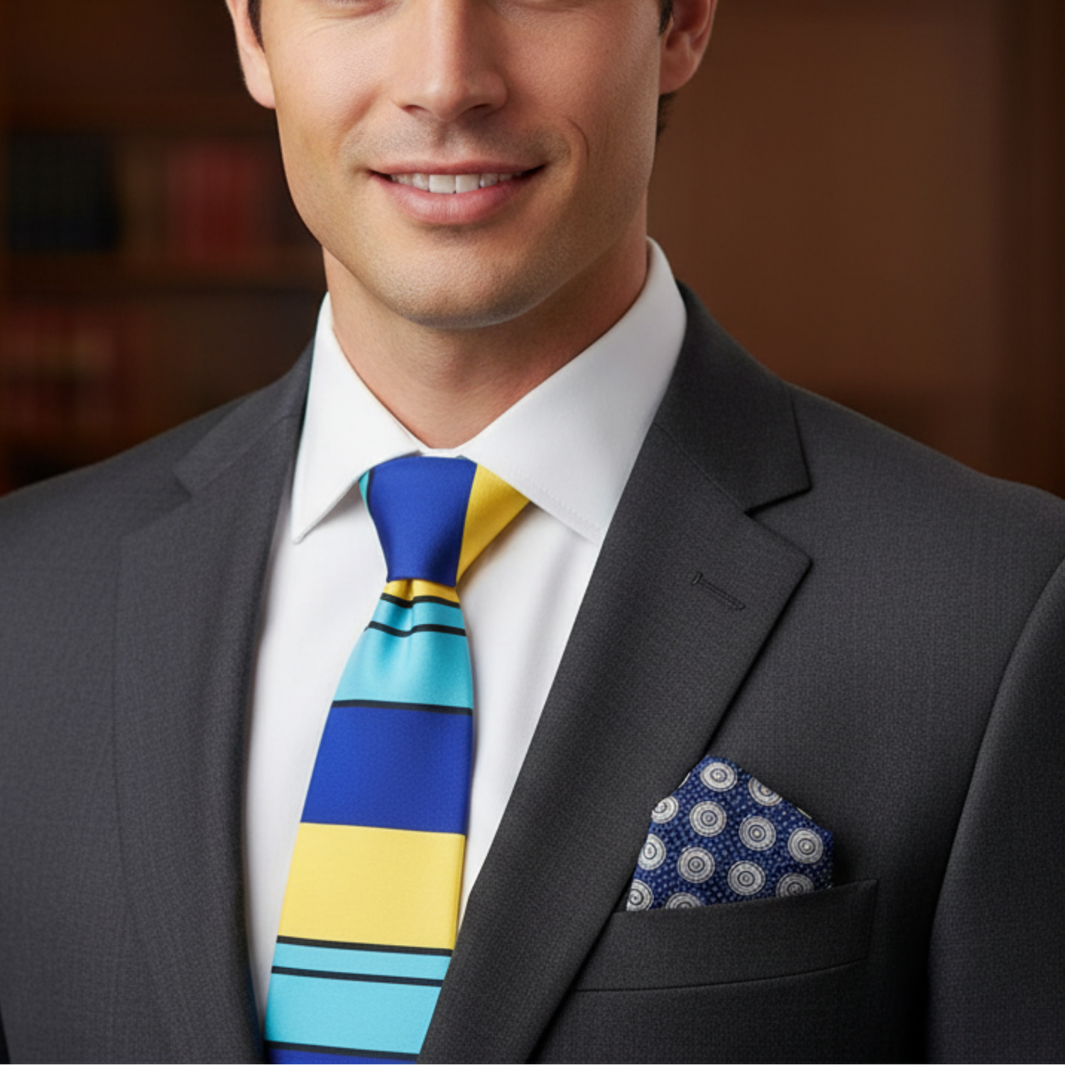 Man wearing a gray suit with a colorful tie and pocket square in an indoor setting.