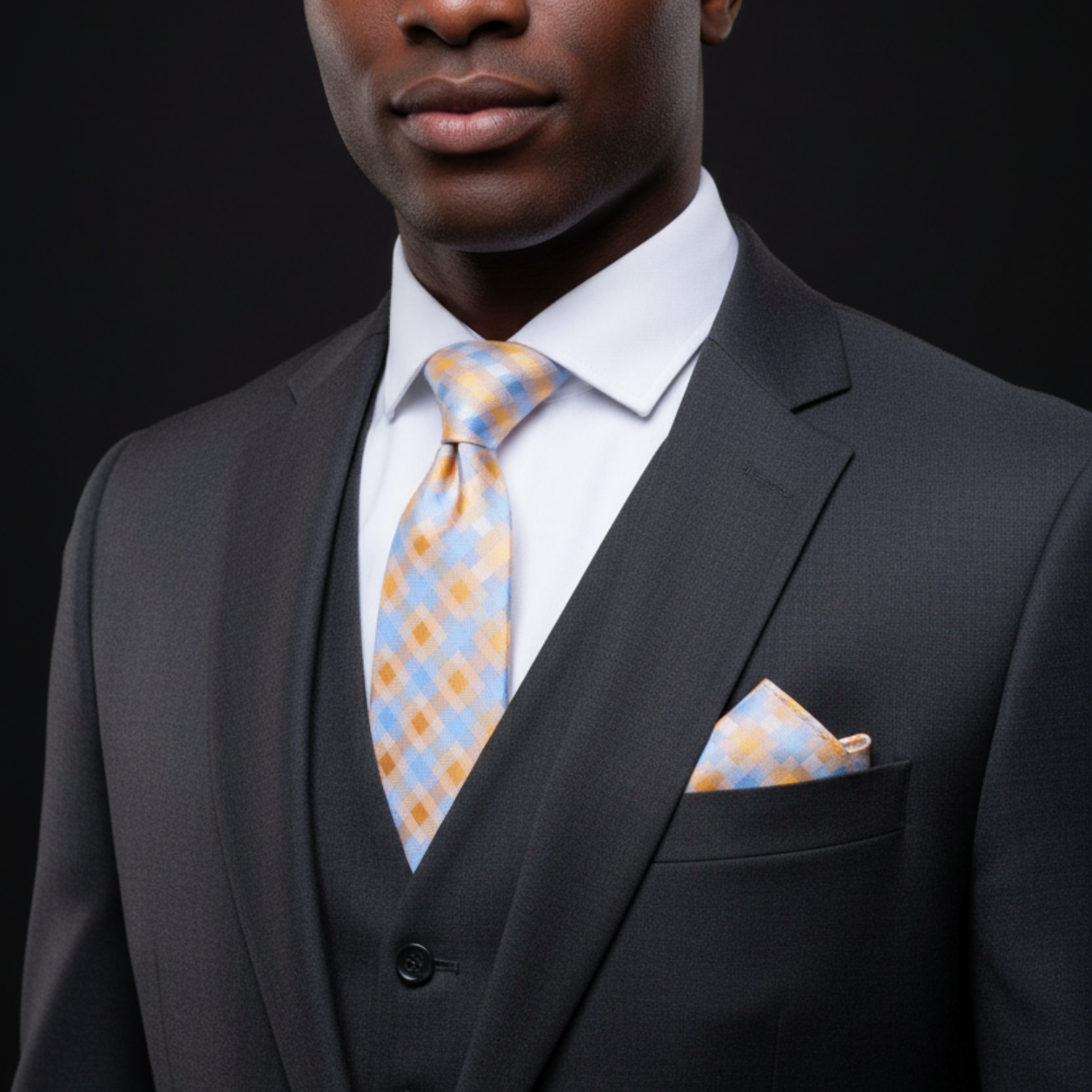 Man wearing a dark suit with a patterned tie and pocket square against a black background