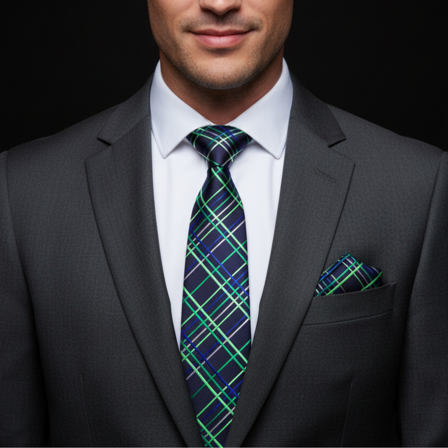Man wearing a gray suit with a blue and green plaid tie and pocket square on a black background