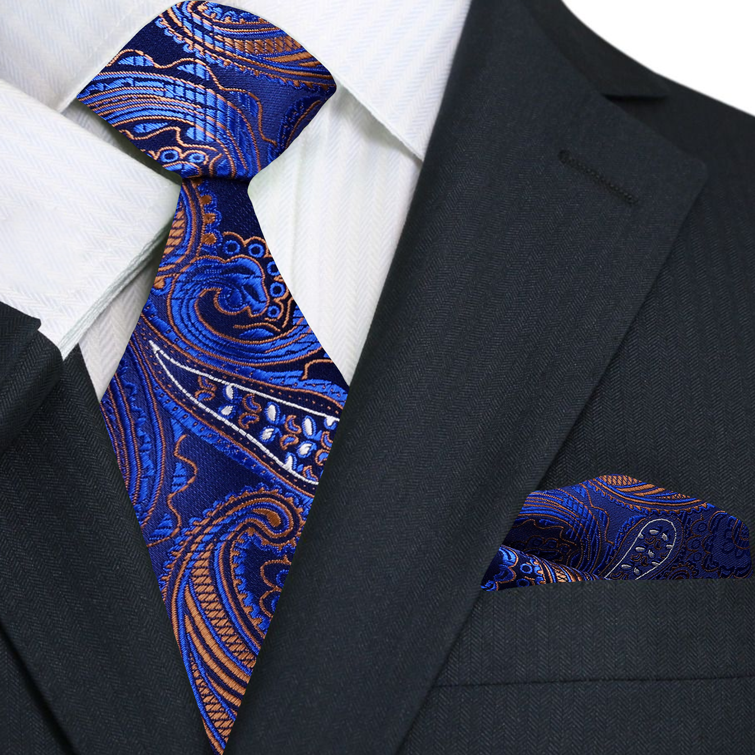 Blue paisley tie and pocket square with a black suit and white shirt