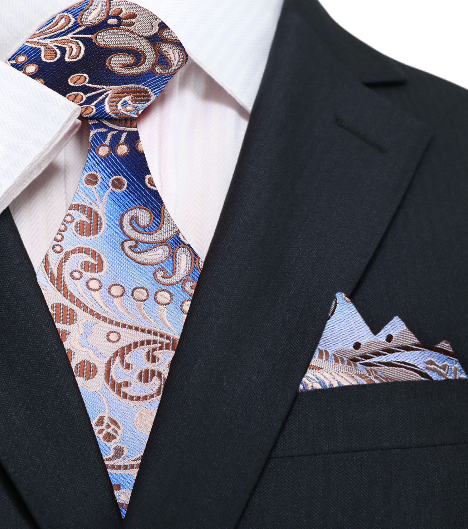 A Light Blue, Blue, Brown Paisley Pattern Silk Necktie, Matching Pocket Square
