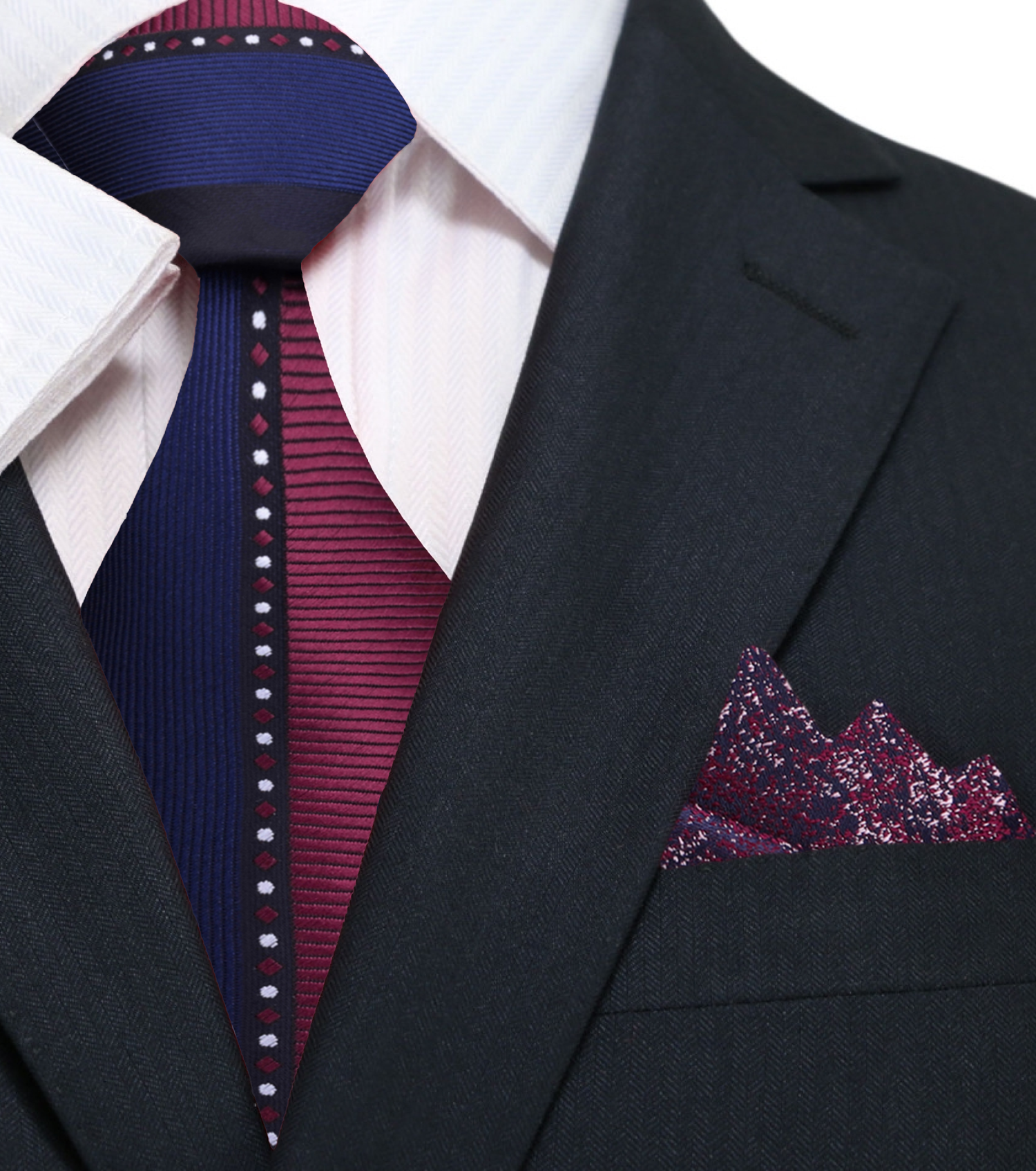 Burgundy, Blue, Black Geometric Tie and Accenting Pocket Square  