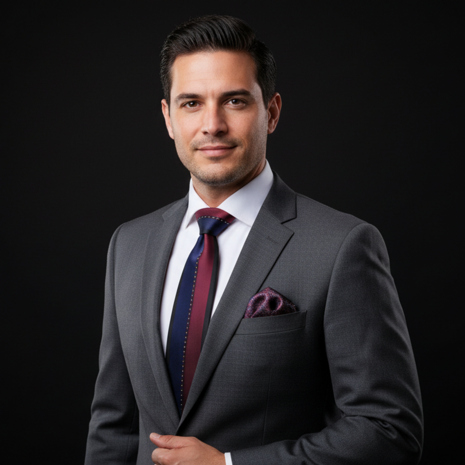 Man wearing a gray suit with a red tie and pocket square on a black background