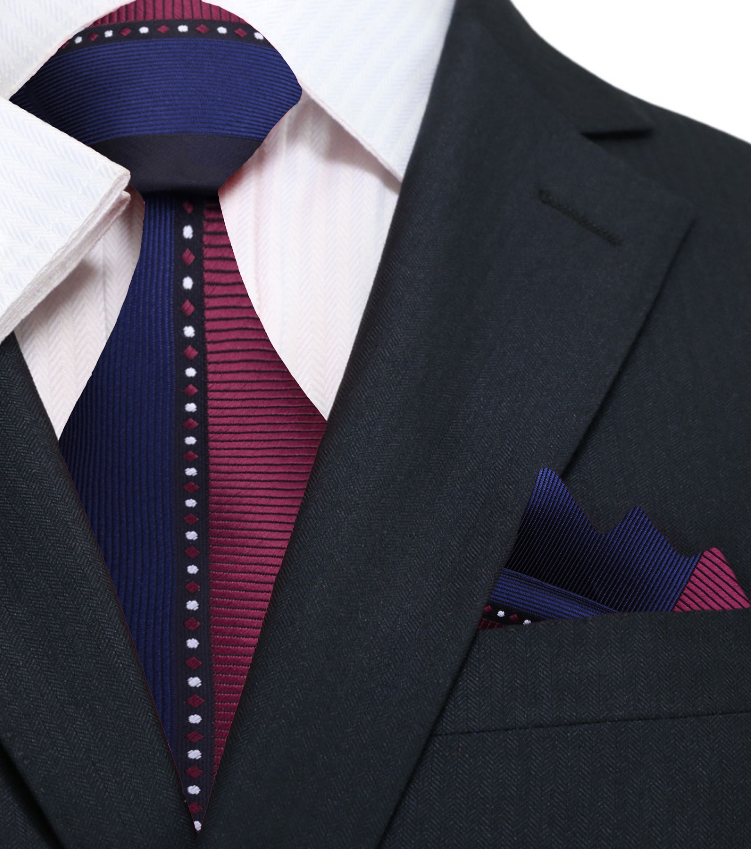 Premium Burgundy, Blue, Black Geometric Tie and Pocket Square ||Burgundy, Navy Blue