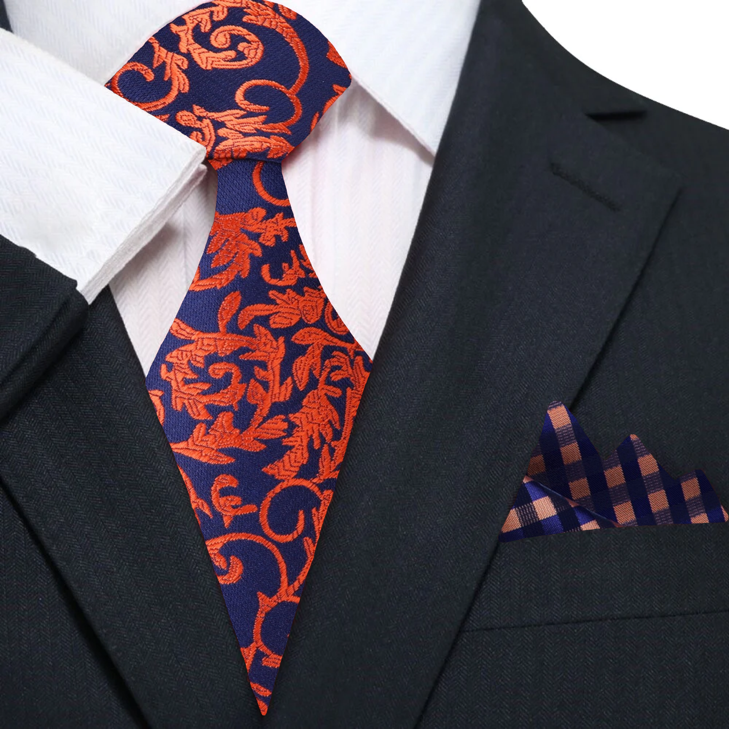 Main: Blue, Orange Floral Tie and Accenting Square||Blue, Orange