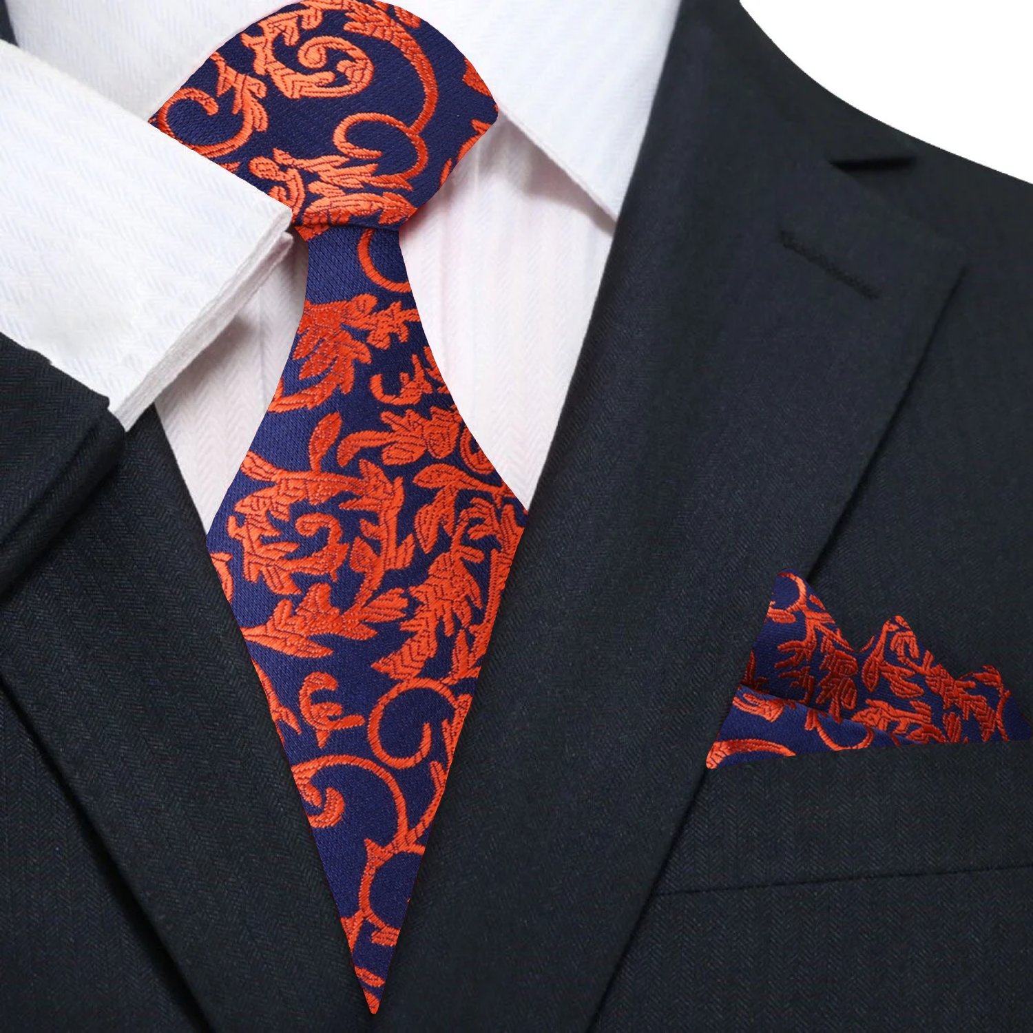 Blue, Orange Floral Tie and Matching Square 