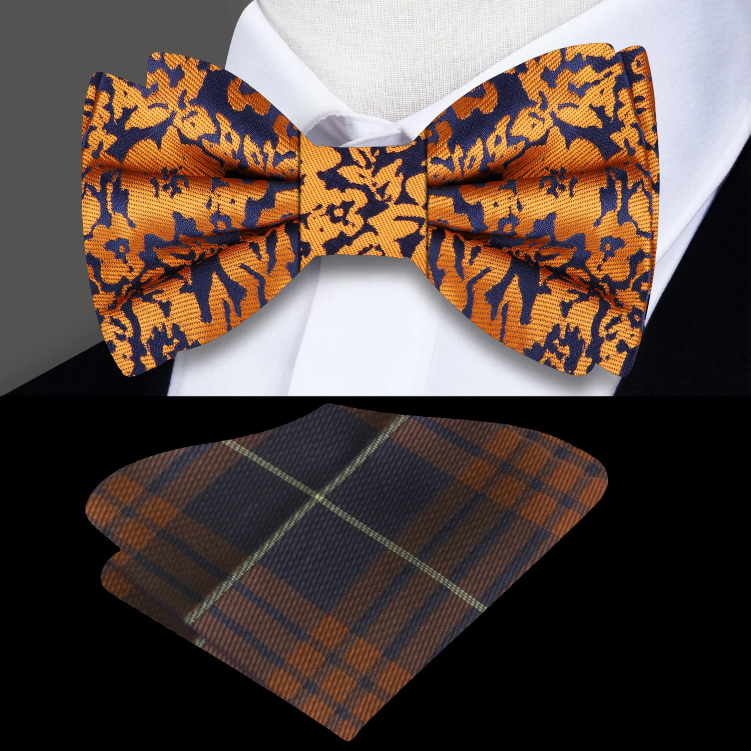 Blue with Rusted Orange Floral Bow Tie and Accenting Pocket Square