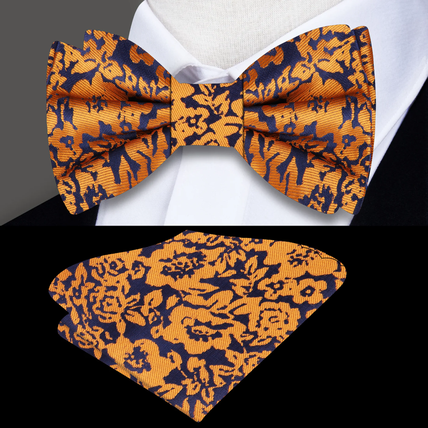 Blue with Rusted Orange Floral Bow Tie and Pocket Square