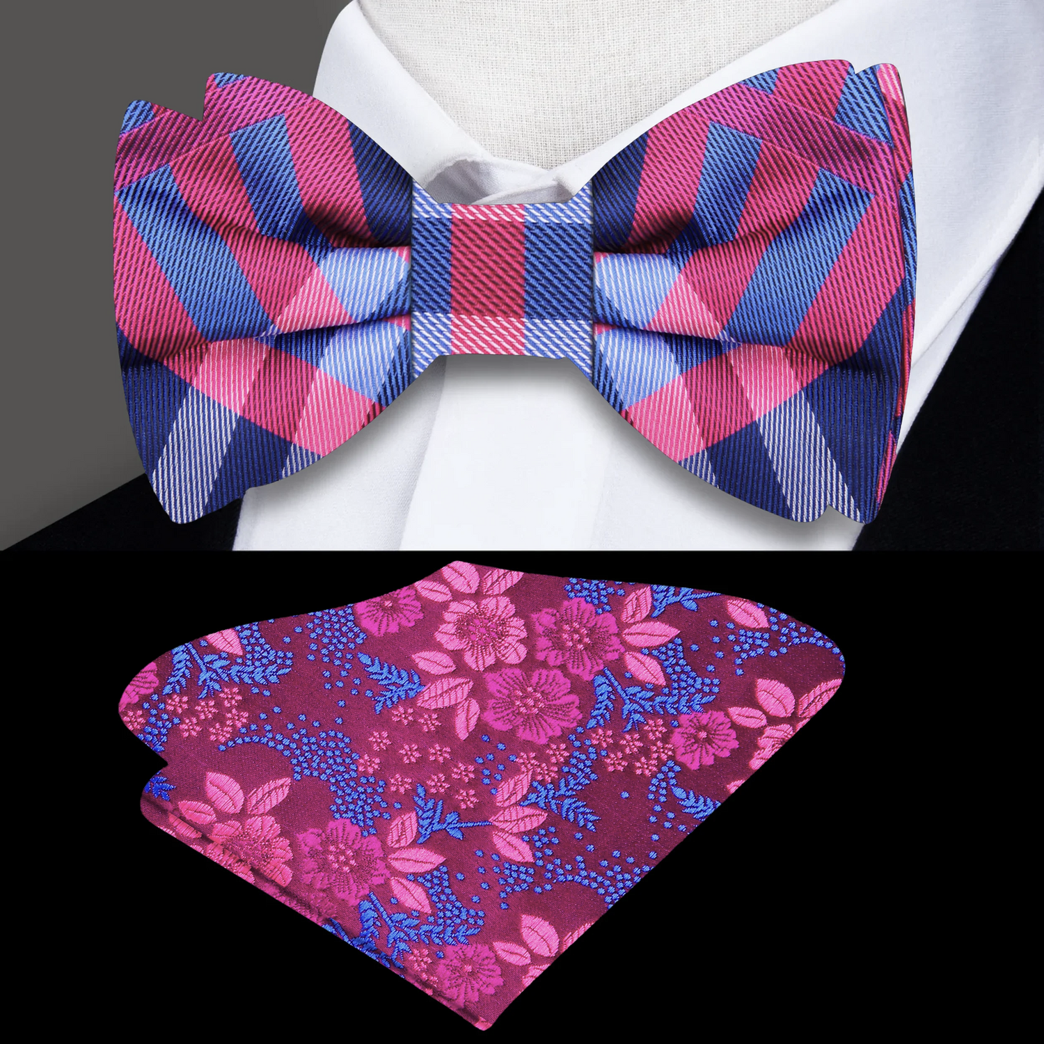 A Pink, Blue Plaid Pattern Silk Self Tie Bow Tie and Accenting Floral Square
