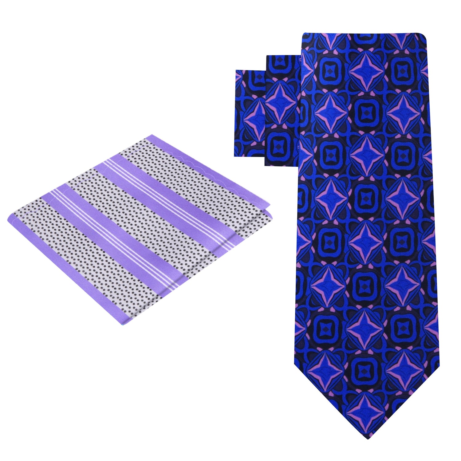 Alt View: Blue and Purple Geometric Necktie and Grey Purple Stripe Pocket Square