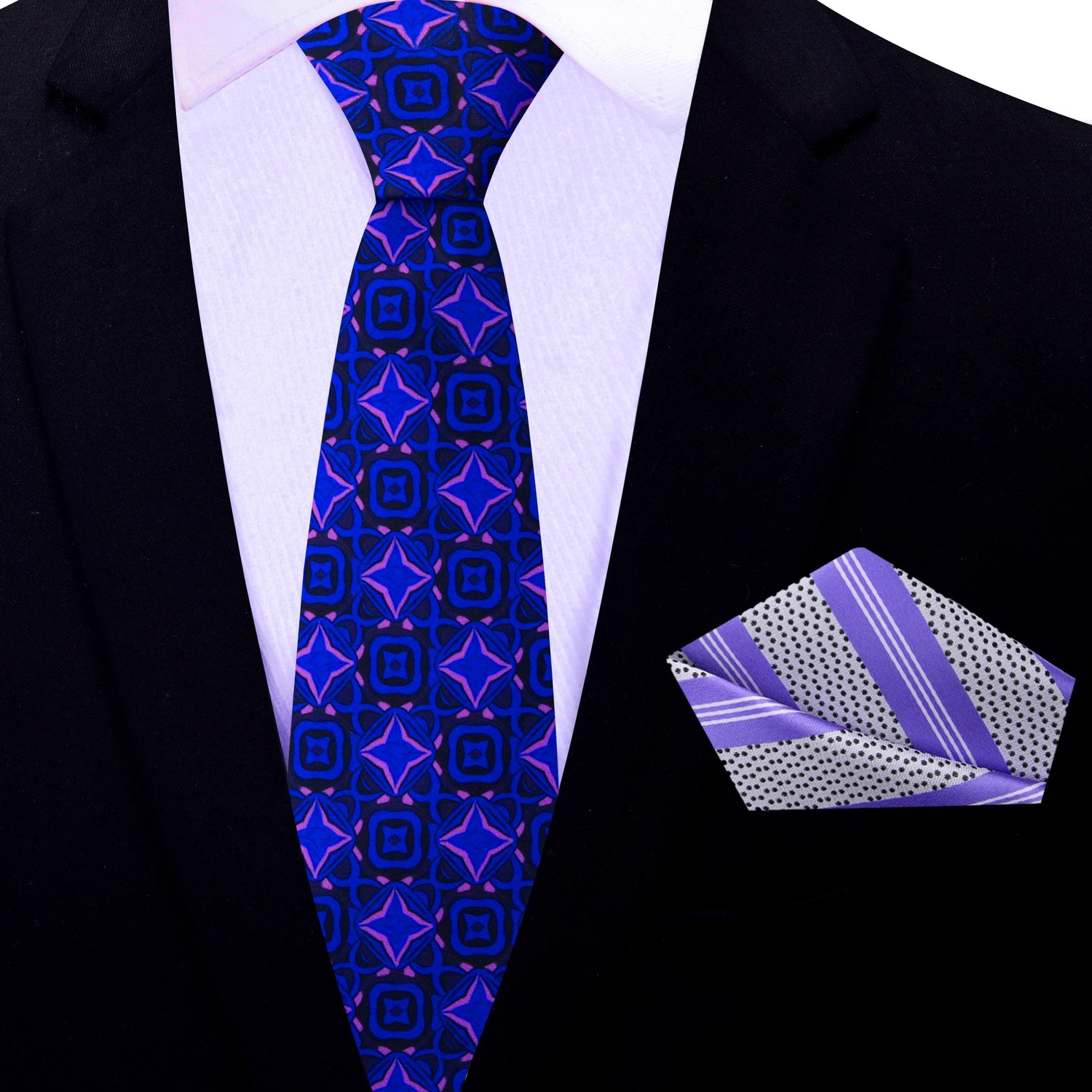 Thin Tie: Blue and Purple Geometric Necktie and Grey Purple Stripe Pocket Square