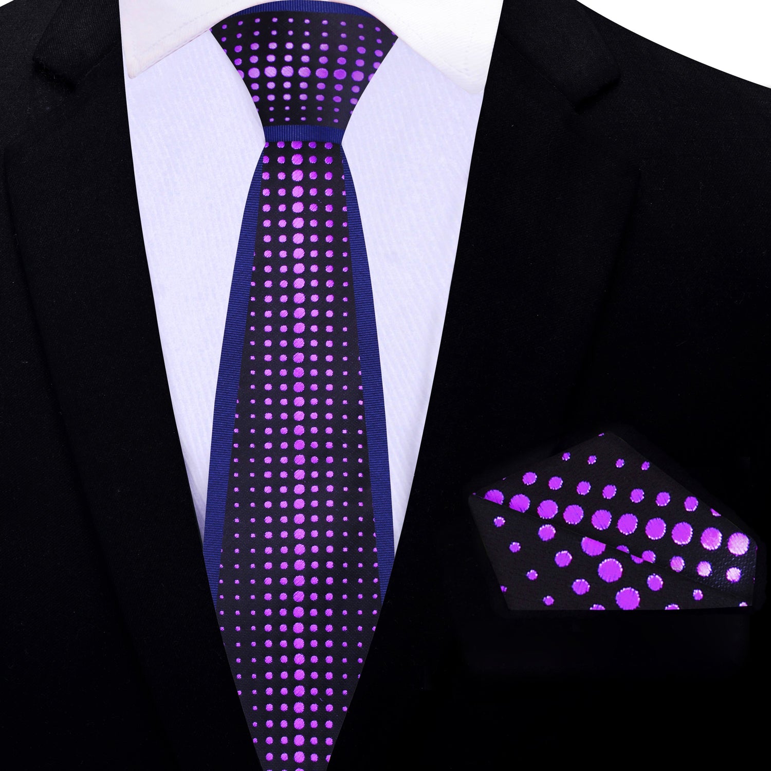 Thin Tie: A Dark Blue Background With Light Purple Dots Silk Necktie With Matching Pocket Square||Purple