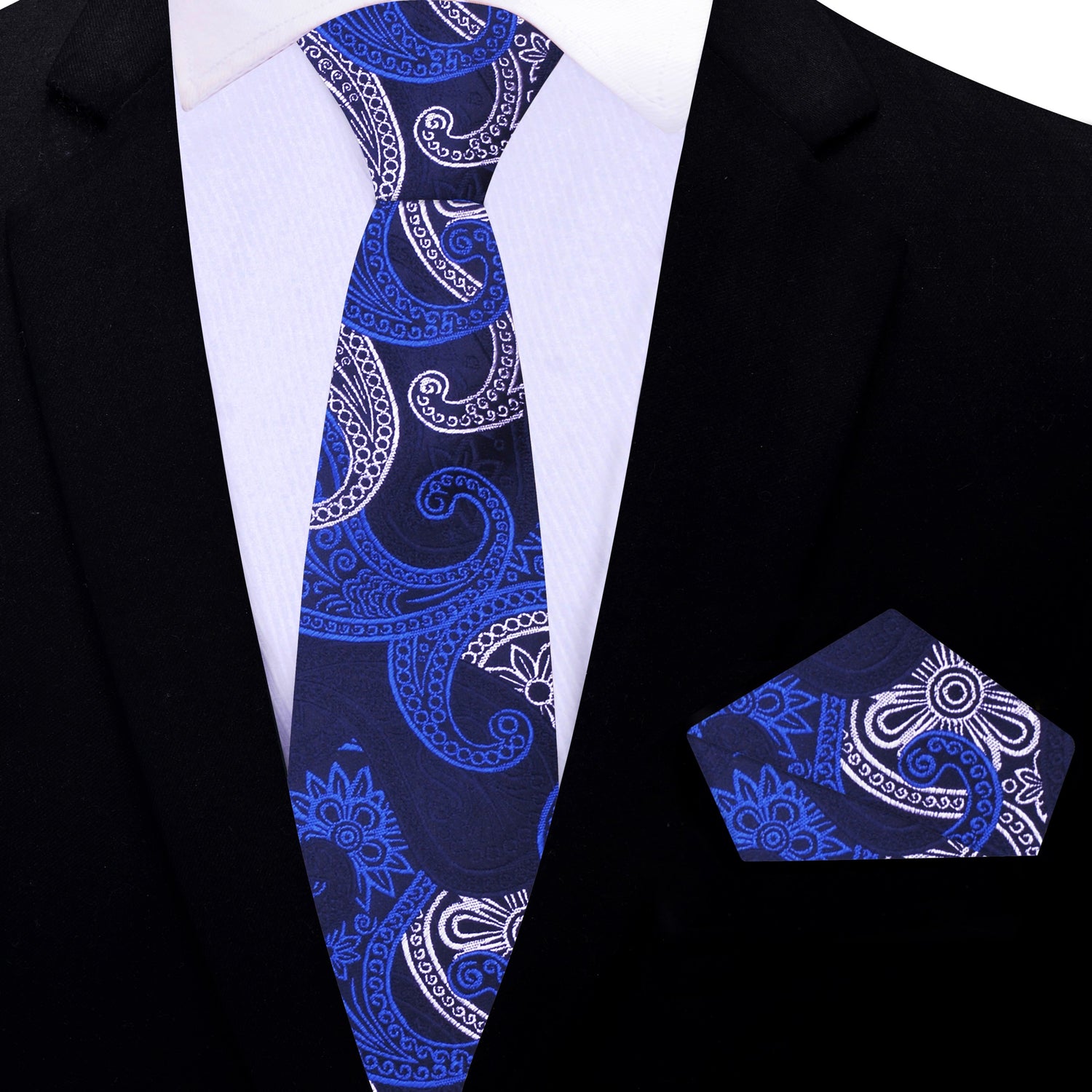 Thin Tie: Shades of Blue and White Paisley Necktie and Matching Square