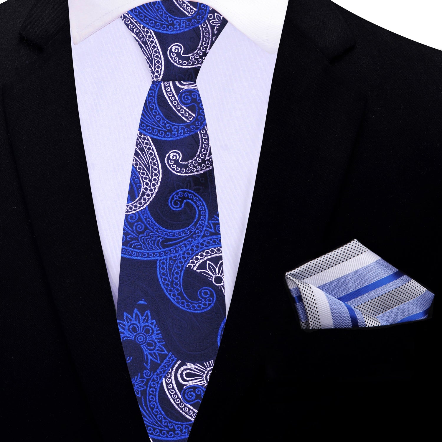 Thin Tie: Shades of Blue and White Paisley Necktie and White, Blue Stripe Square