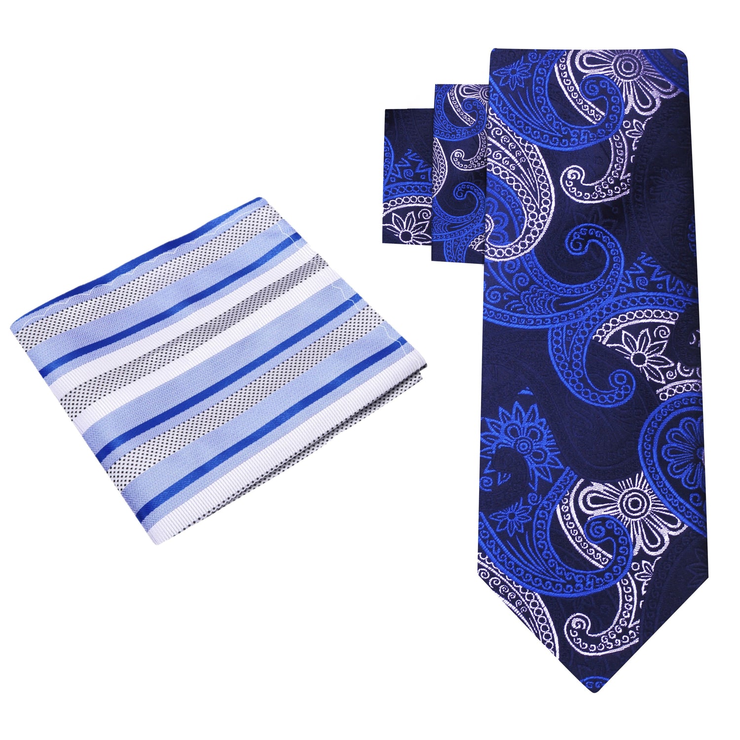 Alt View: Shades of Blue and White Paisley Necktie and White, Blue Stripe Square