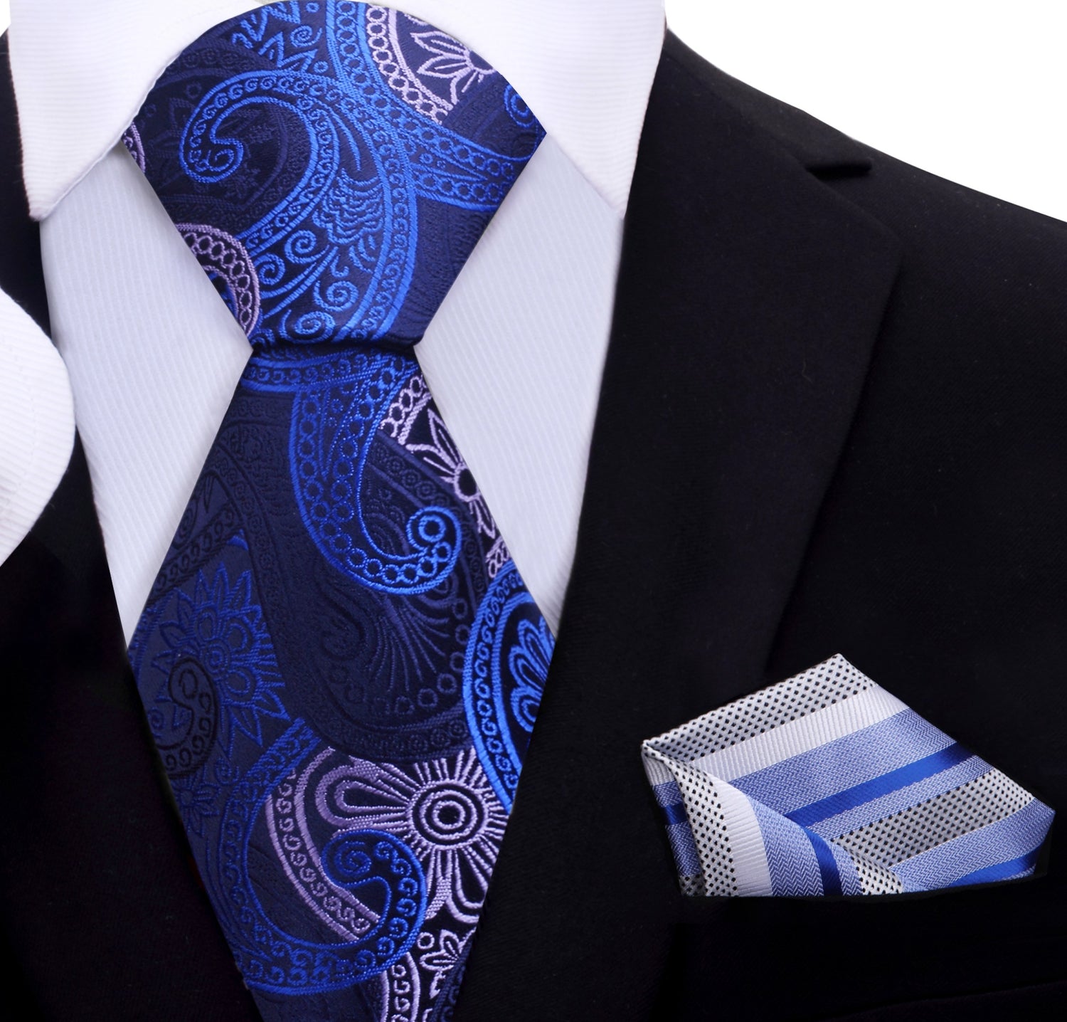 Shades of Blue and White Paisley Necktie and White, Blue Stripe Square