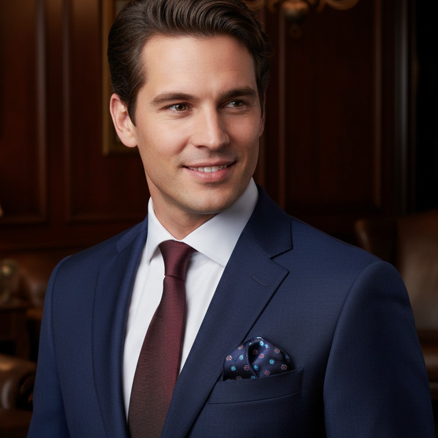 Man wearing blue suit with burgundy tie and blue floral square