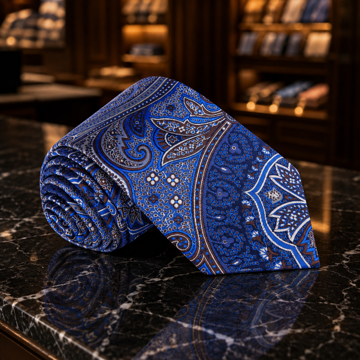 A rolled blue necktie with an intricate paisley pattern, displayed on a polished black marble countertop with a blurred boutique background.