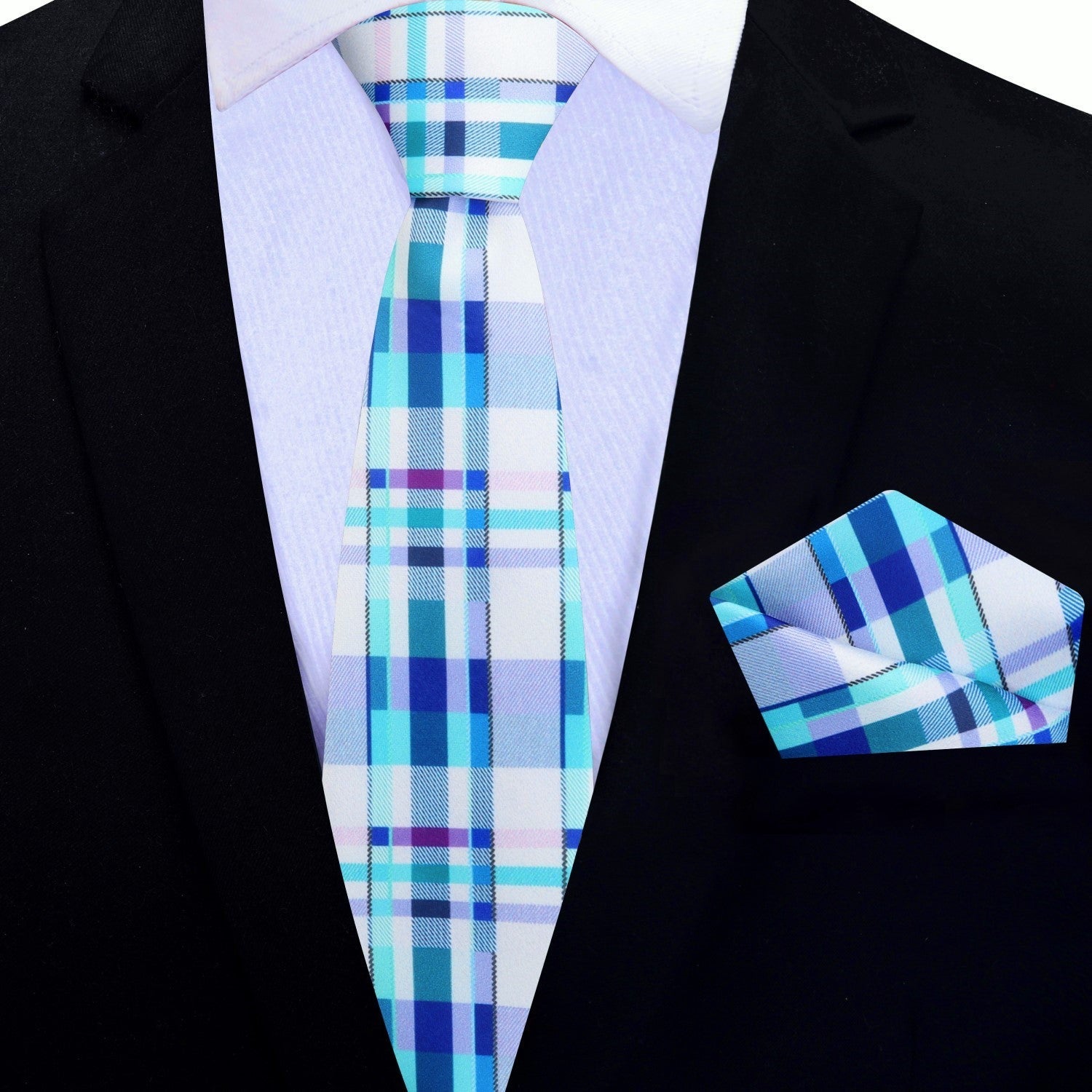 Thin Tie: Shades of Blue and Purple Plaid Tie and Pocket Square