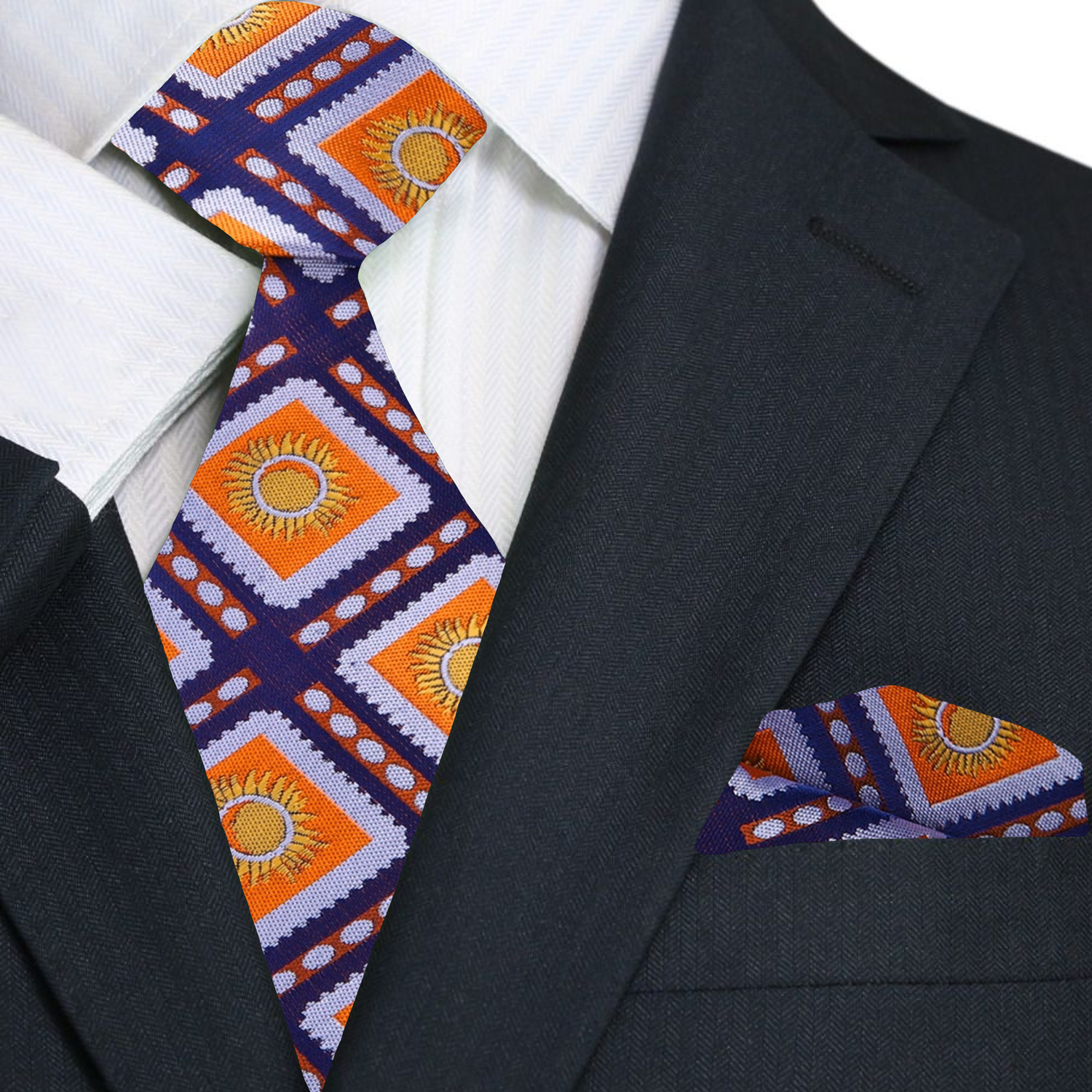 Blue and Orange Sunburst Tie and Square