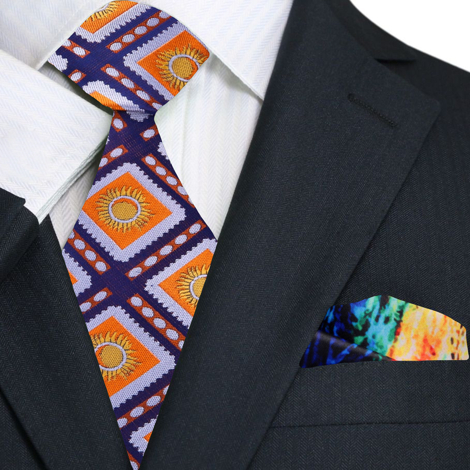 Blue and Orange Sunburst Tie and Accenting Square