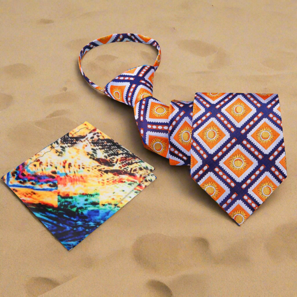 Zipper Blue and Orange Sunburst Tie and Accenting Square