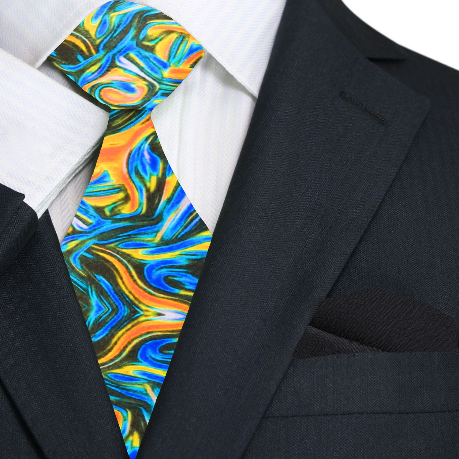 Colorful tie with abstract pattern worn with a black suit jacket and white shirt