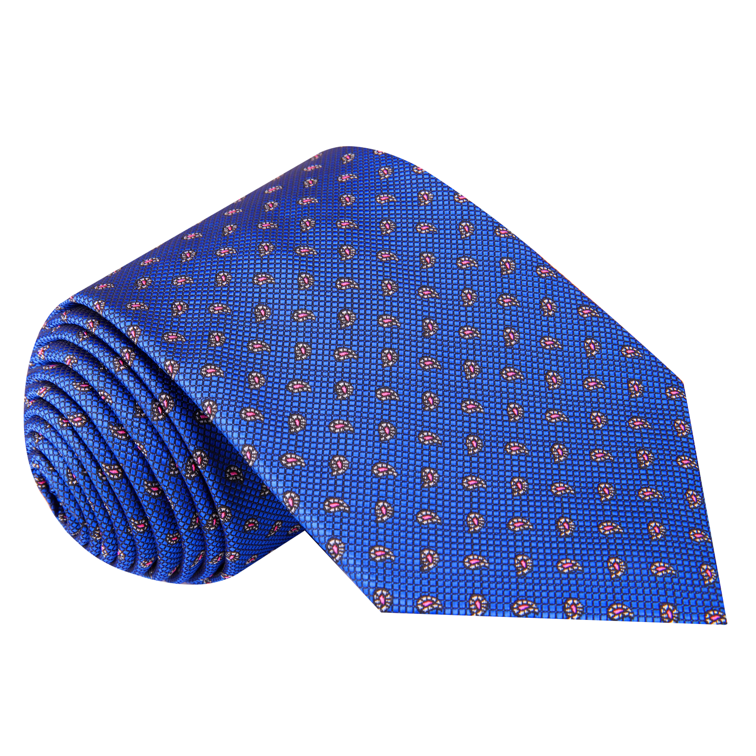 Rolled-up blue tie with a subtle pattern on a white background