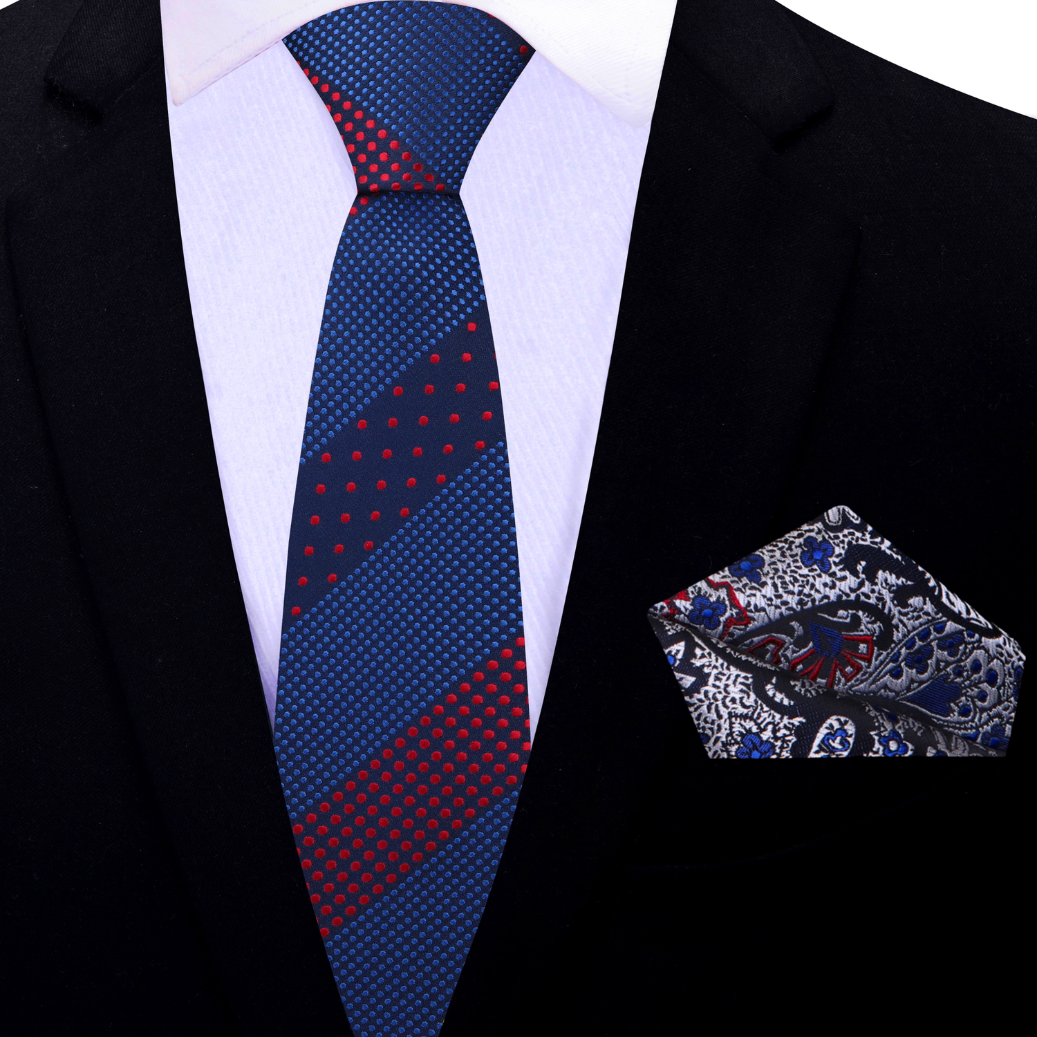 Thin Tie: Blue, Red Polka Tie and Silver Paisley Square