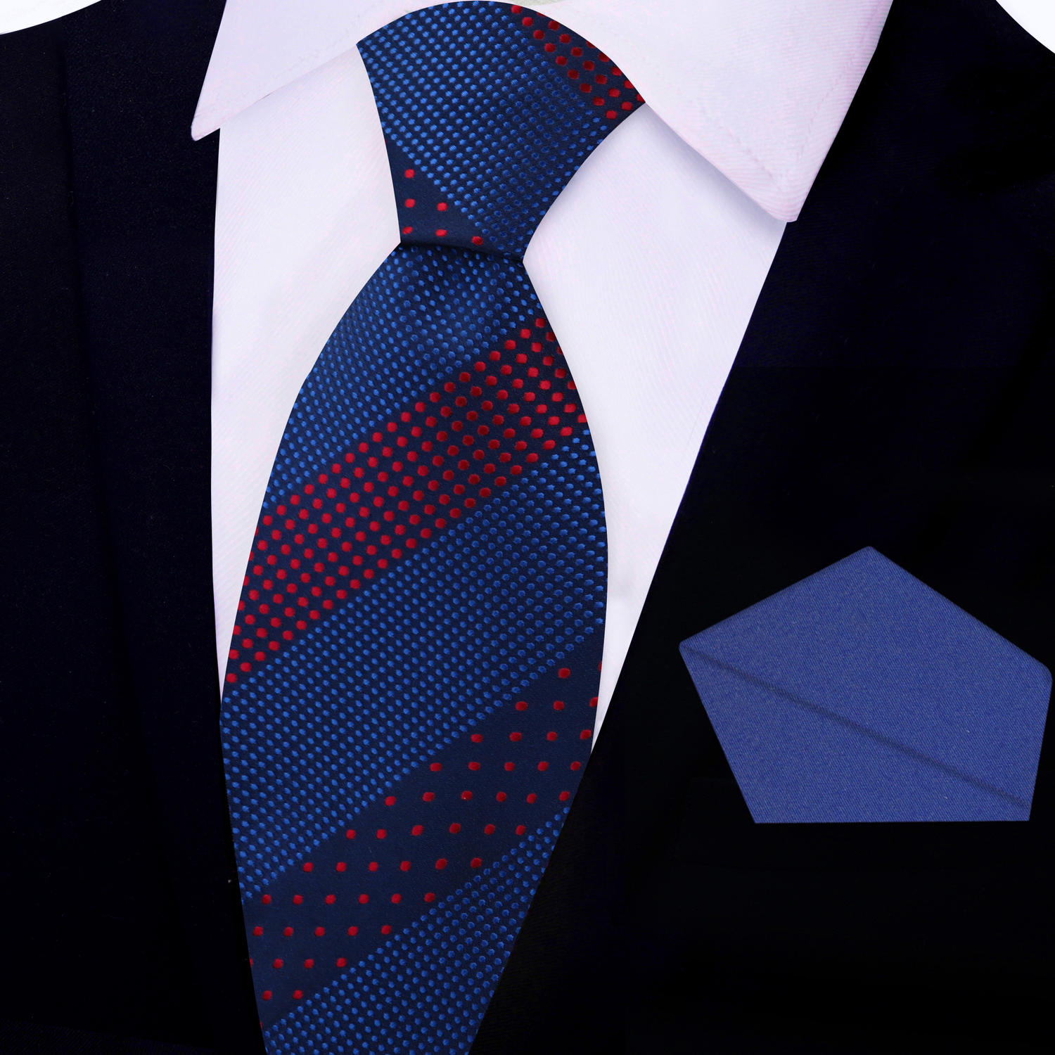View: Blue, Red Polka Tie and Blue Square