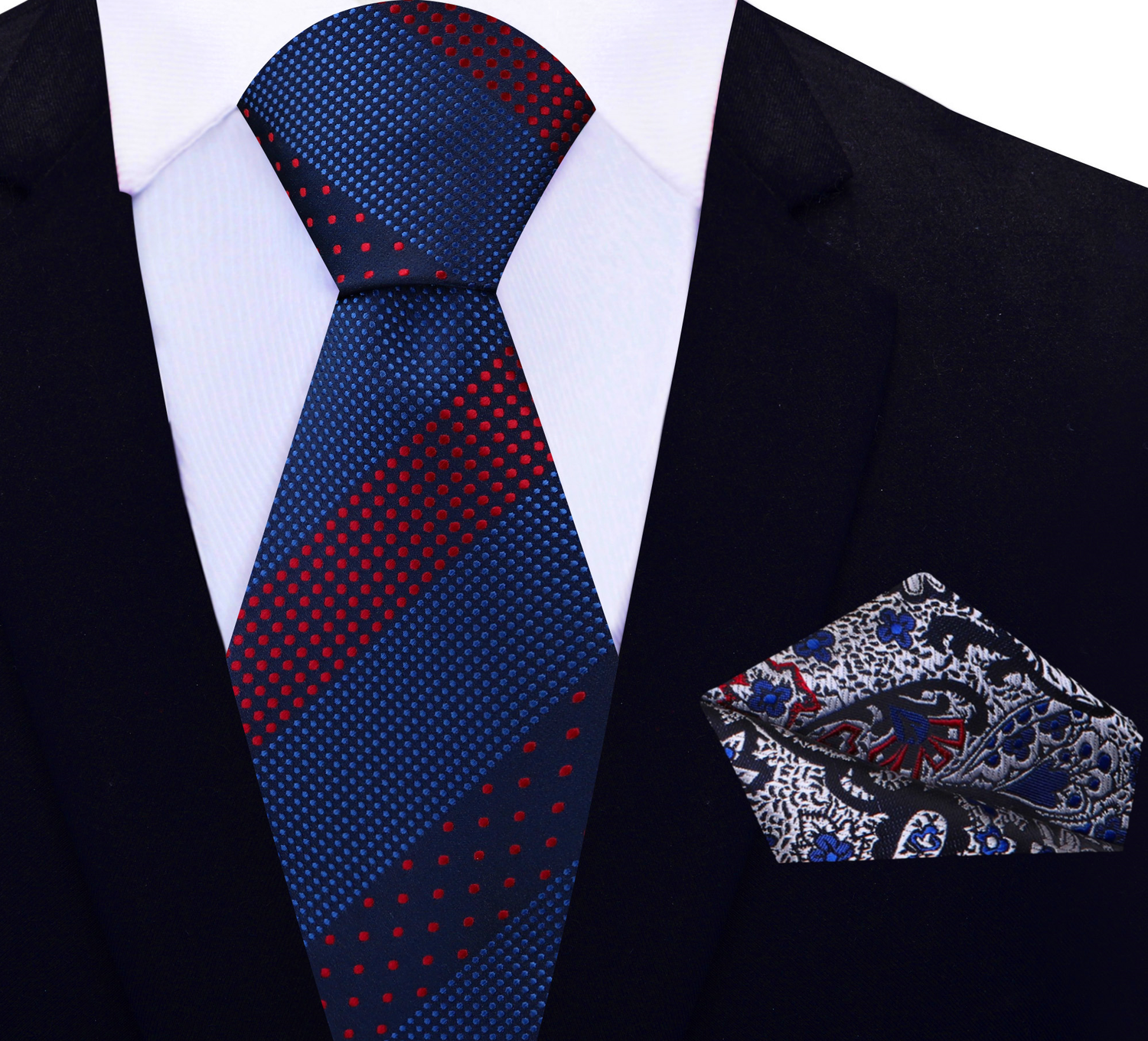Blue, Red Polka Tie and Silver Paisley Square