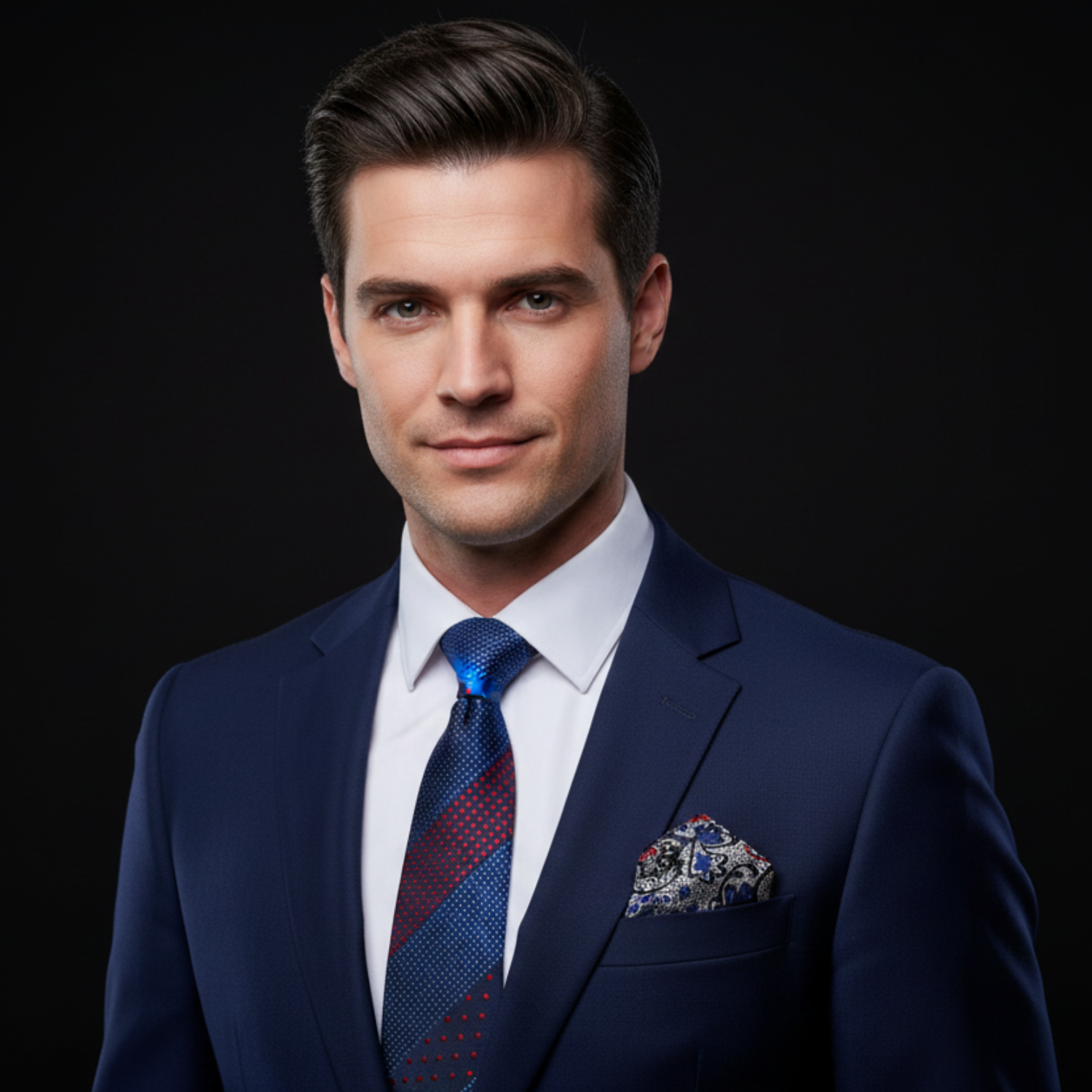 Man wearing red, blue polka tie and grey, blue red paisley square