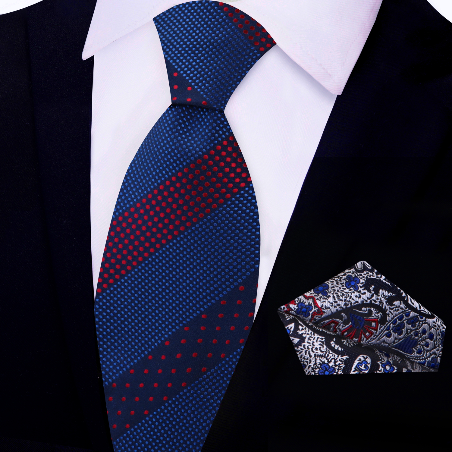 View 2: Blue, Red Polka Tie and Silver Paisley Square