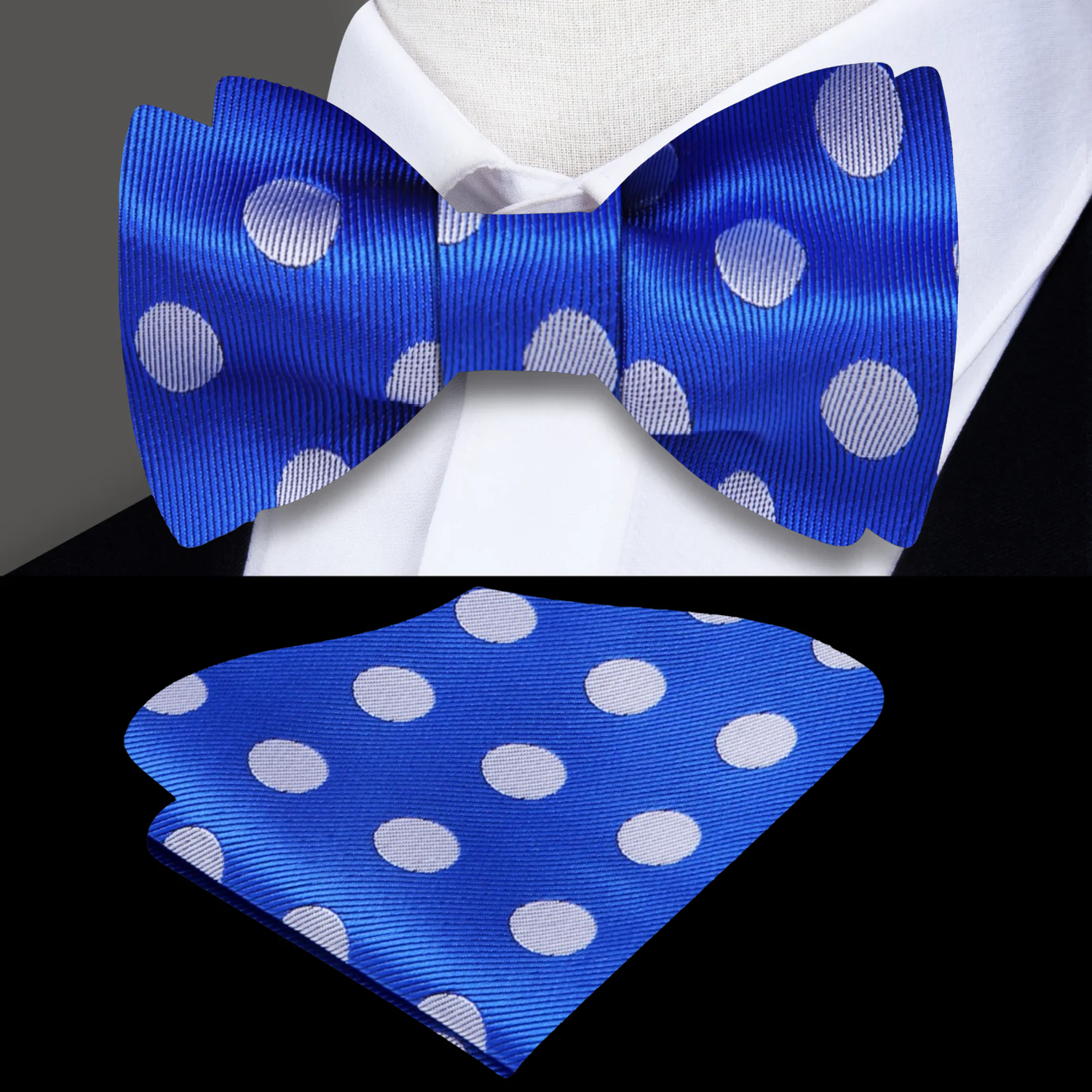 A Blue, Grey Polka Pattern Silk Self Tie Bow Tie Bow Tie, Matching Pocket Square