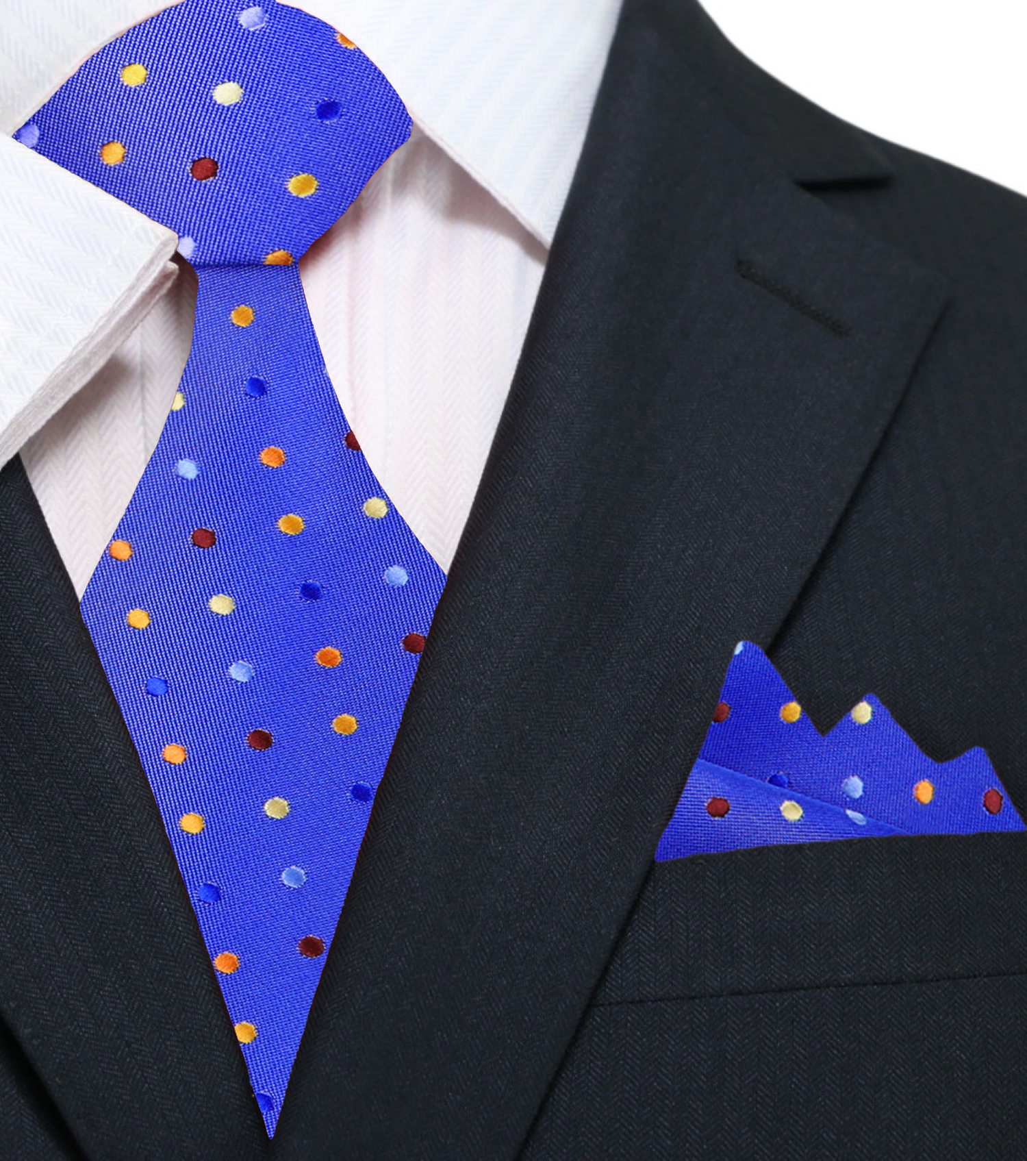 A Light Blue, Blue, Yellow Polka Dot Pattern Silk Necktie, Matching Pocket Square