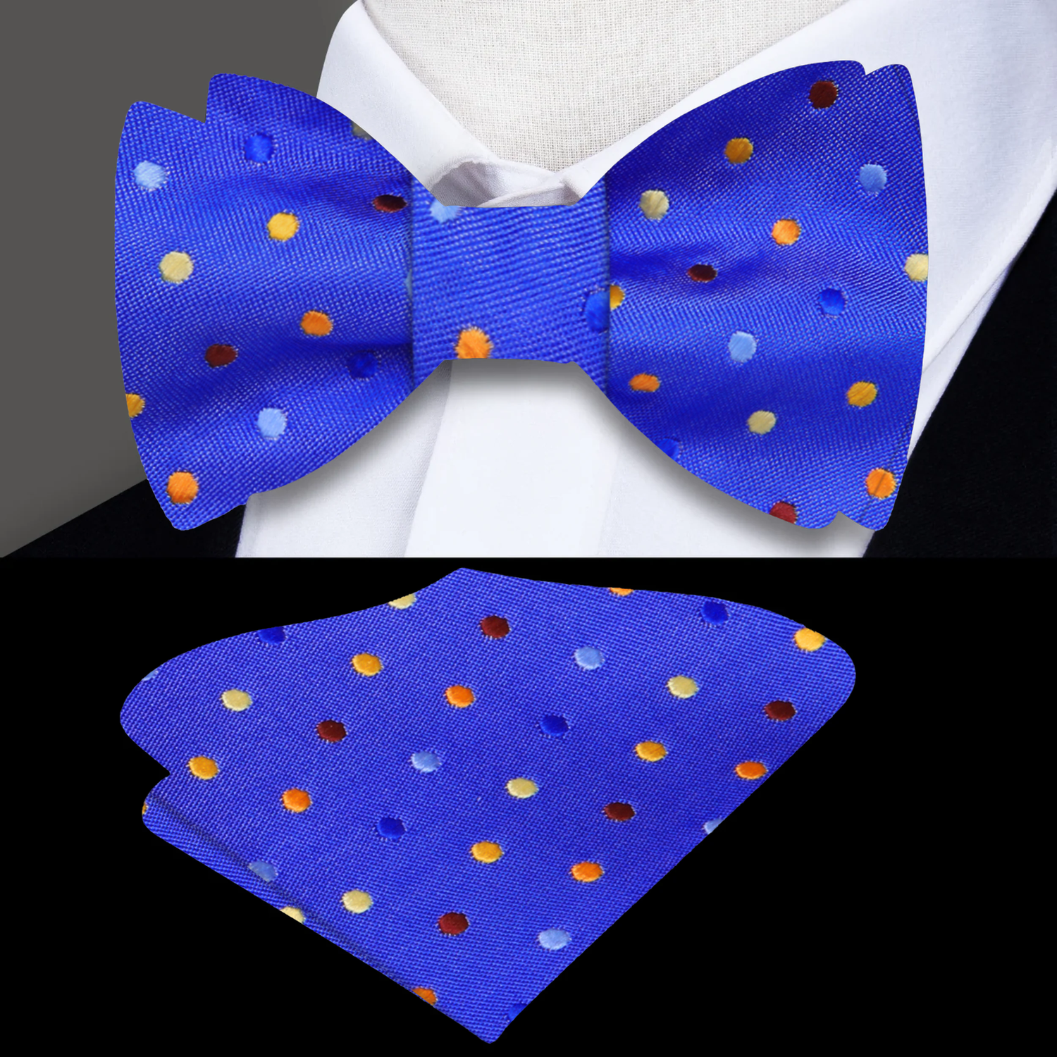 Royal Blue with Multi Color Dots Bow Tie and Pocket Square