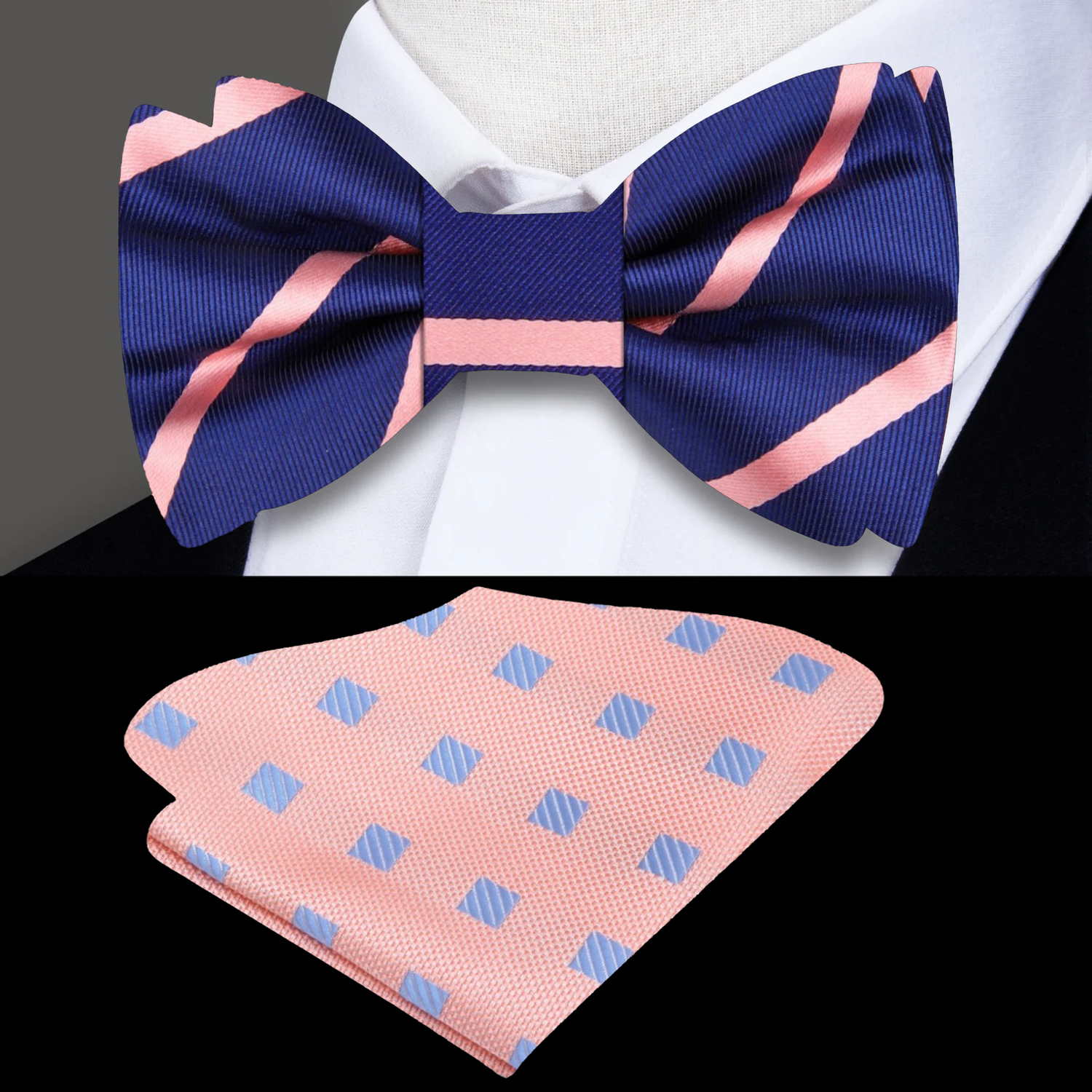 Dark Blue with Salmon Stripes Bow Tie with Accenting Salmon and Light Blue Geometric Pocket Square
