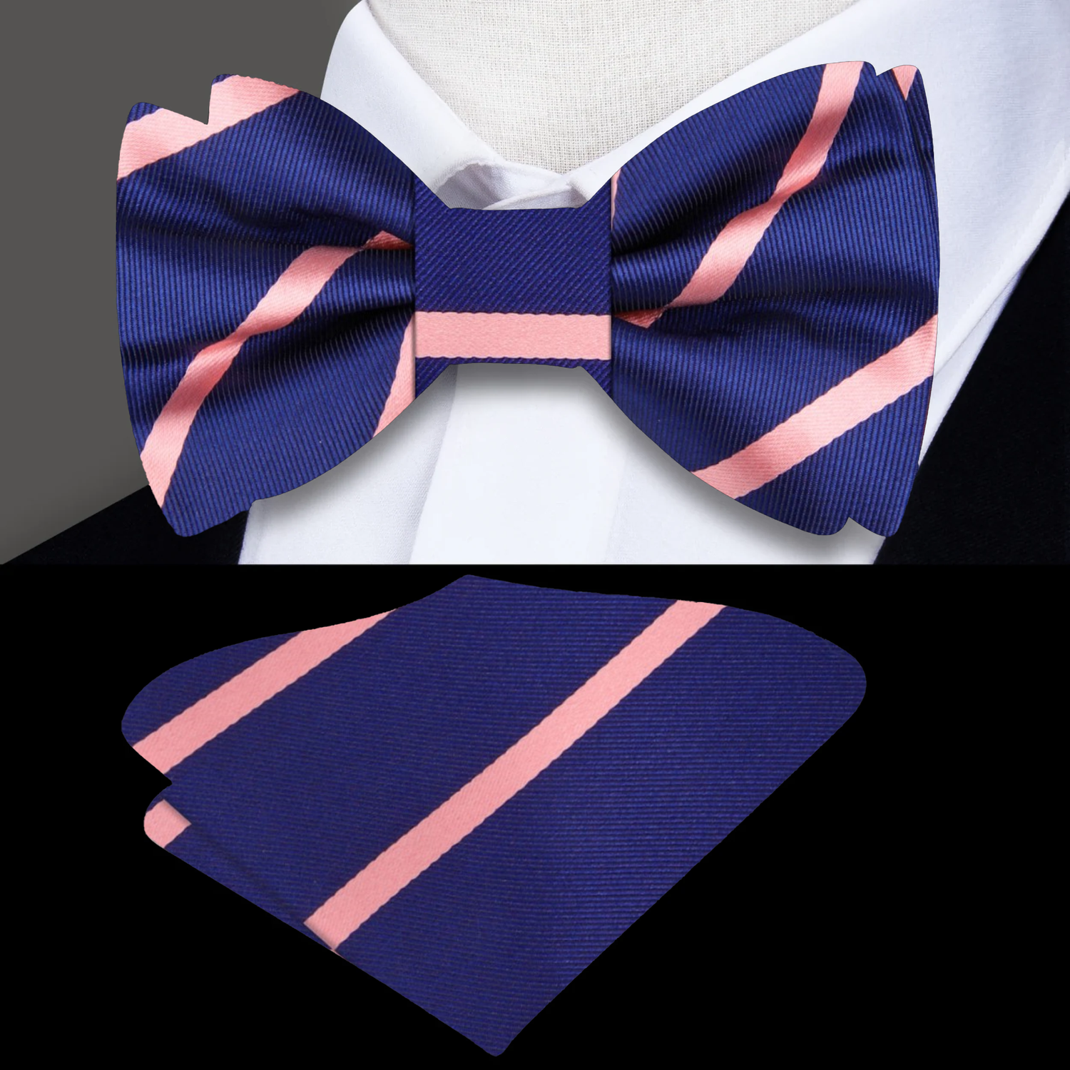 Dark Blue with Salmon Stripes Bow Tie with Accenting Salmon and Pocket Square