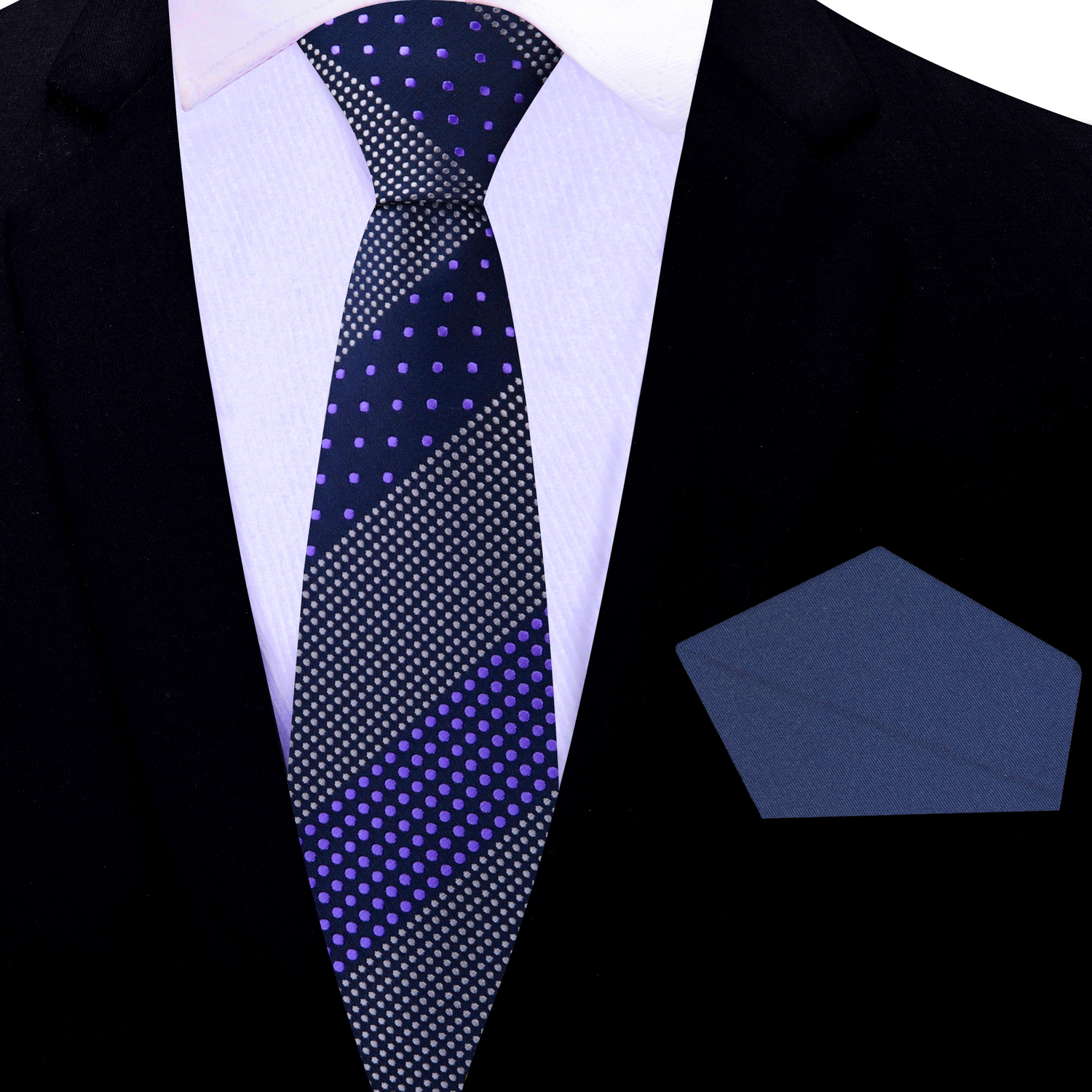 Thin Tie: Blue, Light Purple Polka Tie with Blue Square