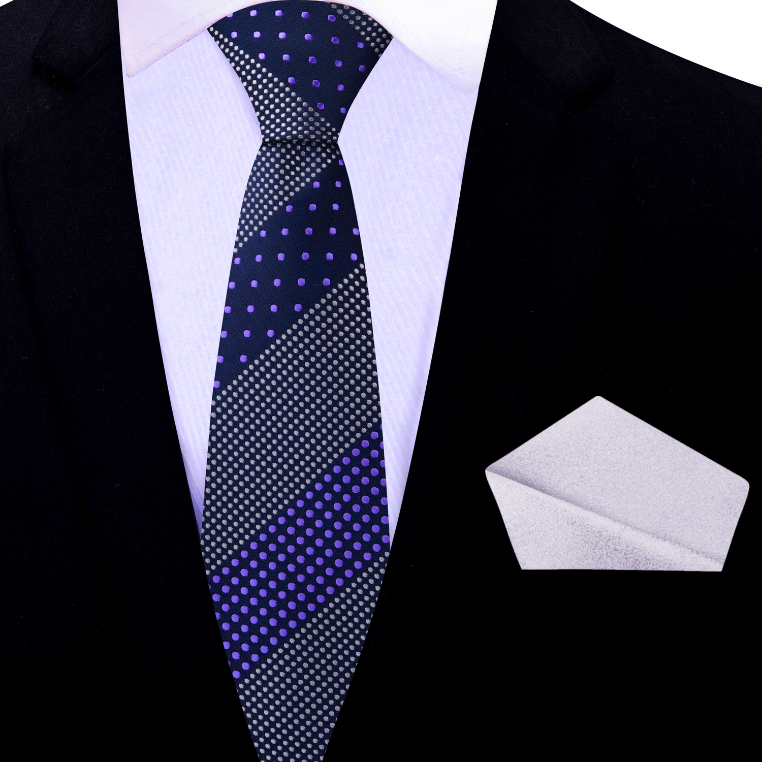 Thin Tie: Blue, Light Purple Polka Tie with Light Silver Square