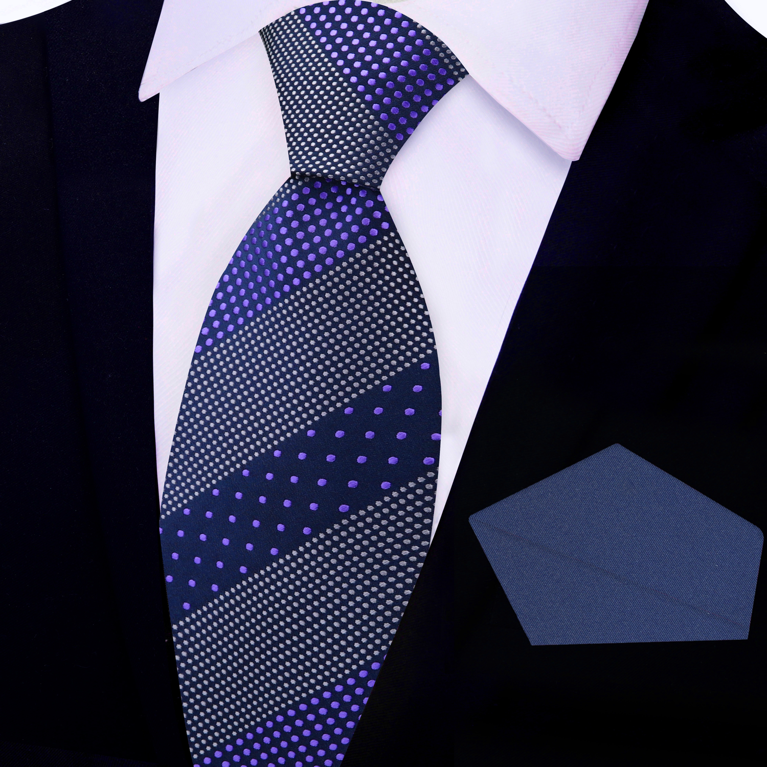 View 2: Blue, Light Purple Polka Tie with Blue Square