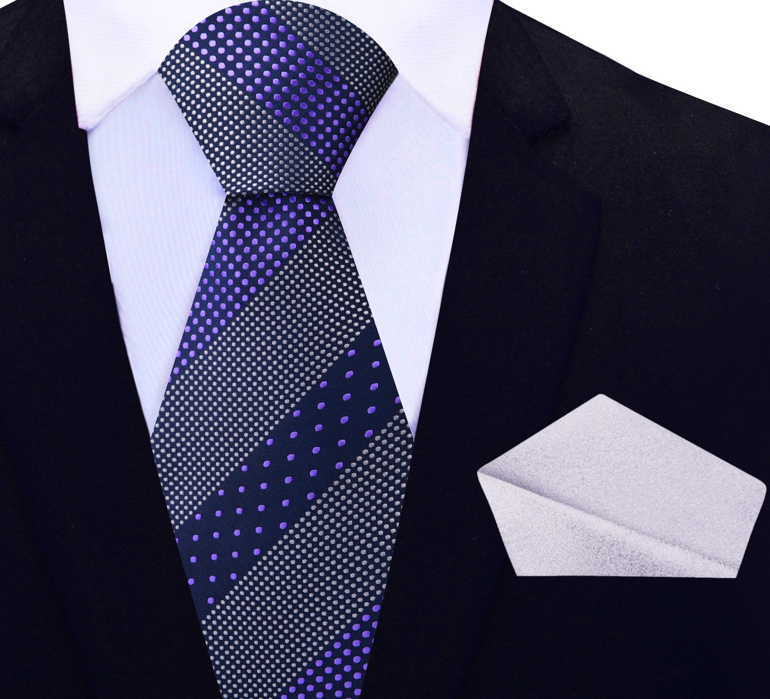 Blue, Light Purple Polka Tie with Light Silver Square