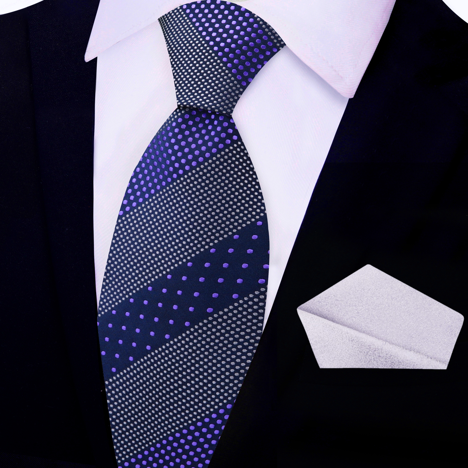 View 2: Blue, Light Purple Polka Tie with Light Silver Square