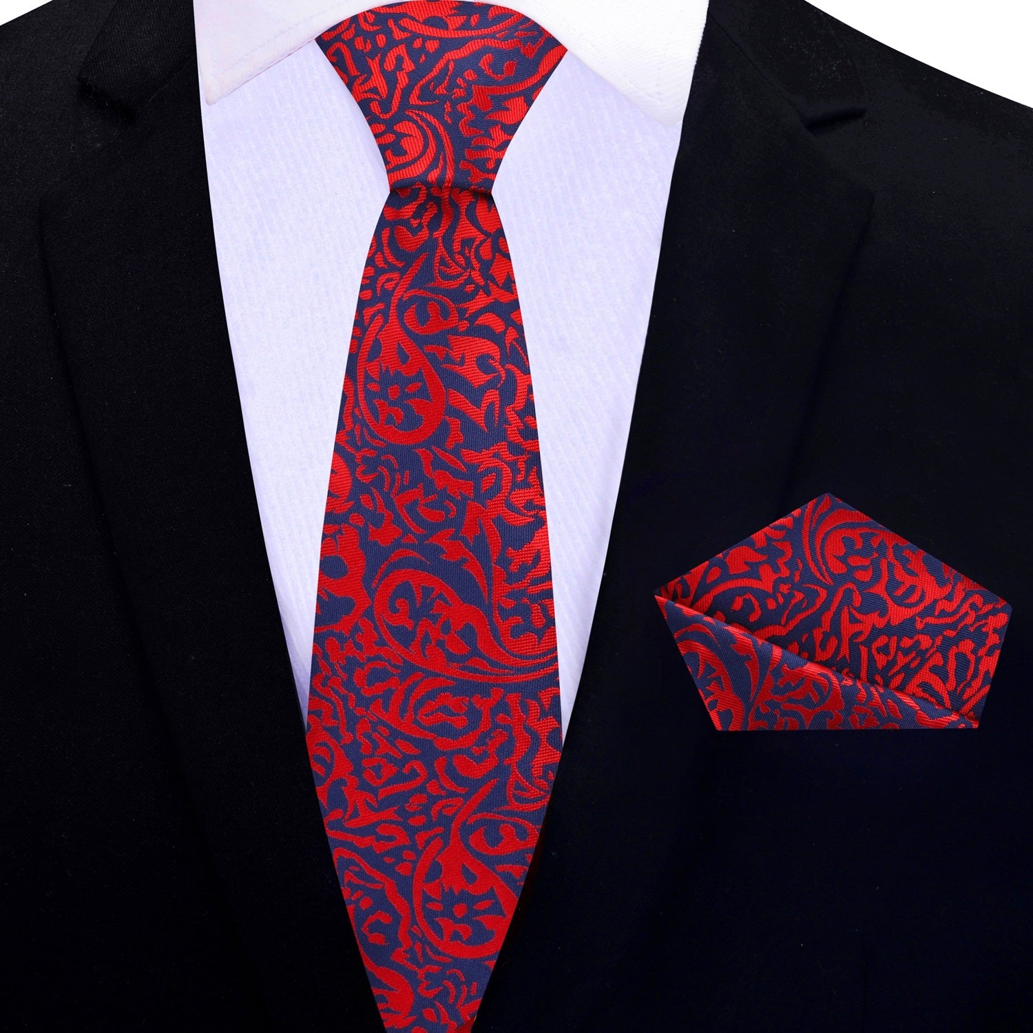 Thin Red, Blue Paisley Tie and Square