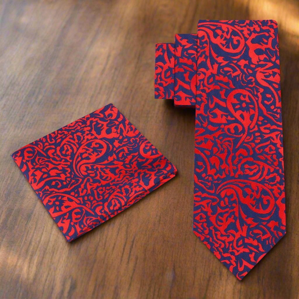 Red and Blue Paisley Necktie and Matching Silk Square