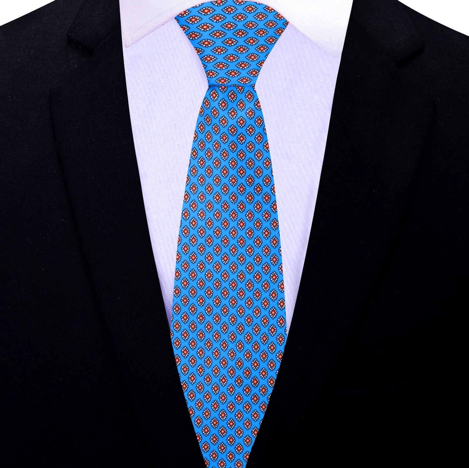 Thin Tie: Blue with red and white small medallions necktie
