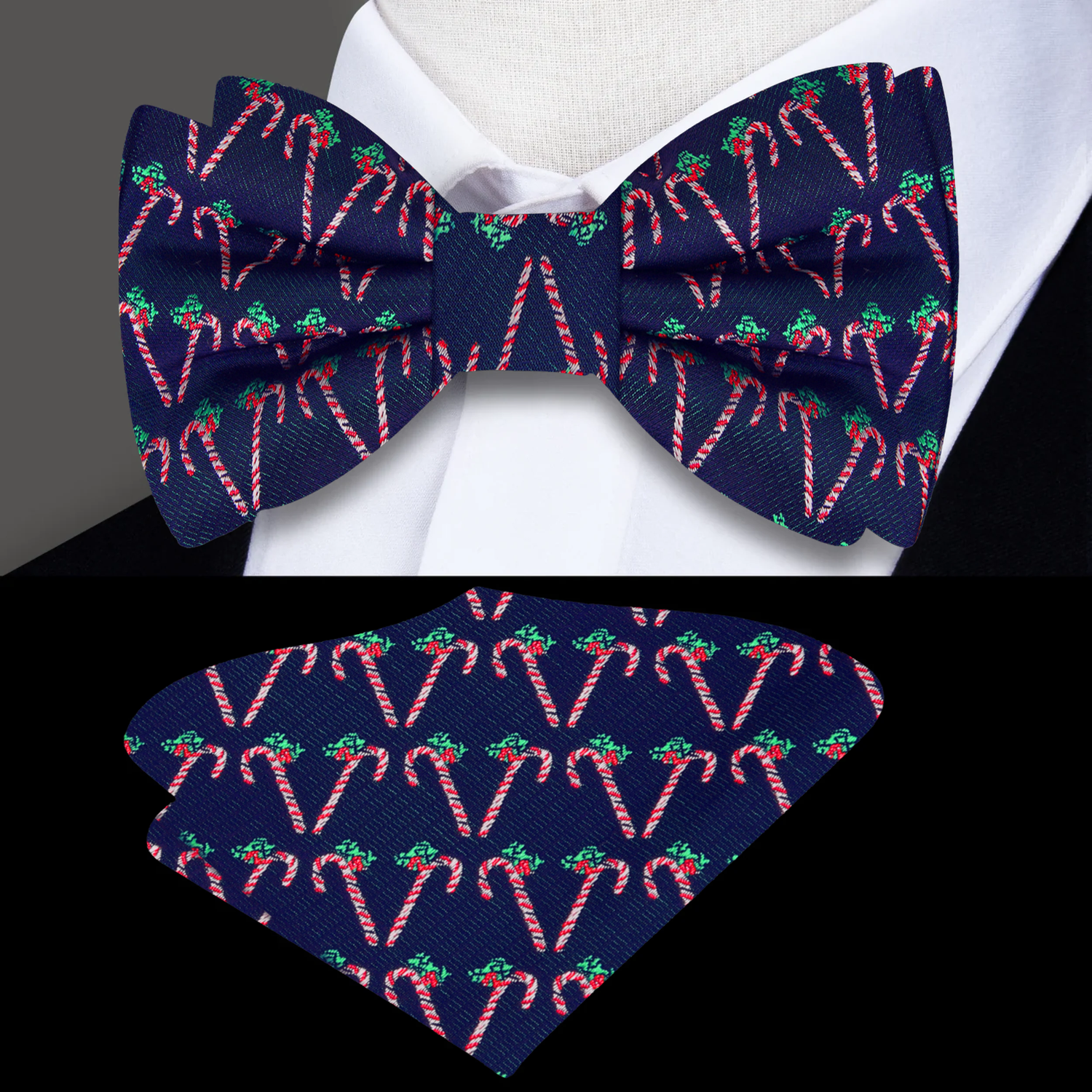 Blue with Red and Green Candy Canes Bow Tie and Square