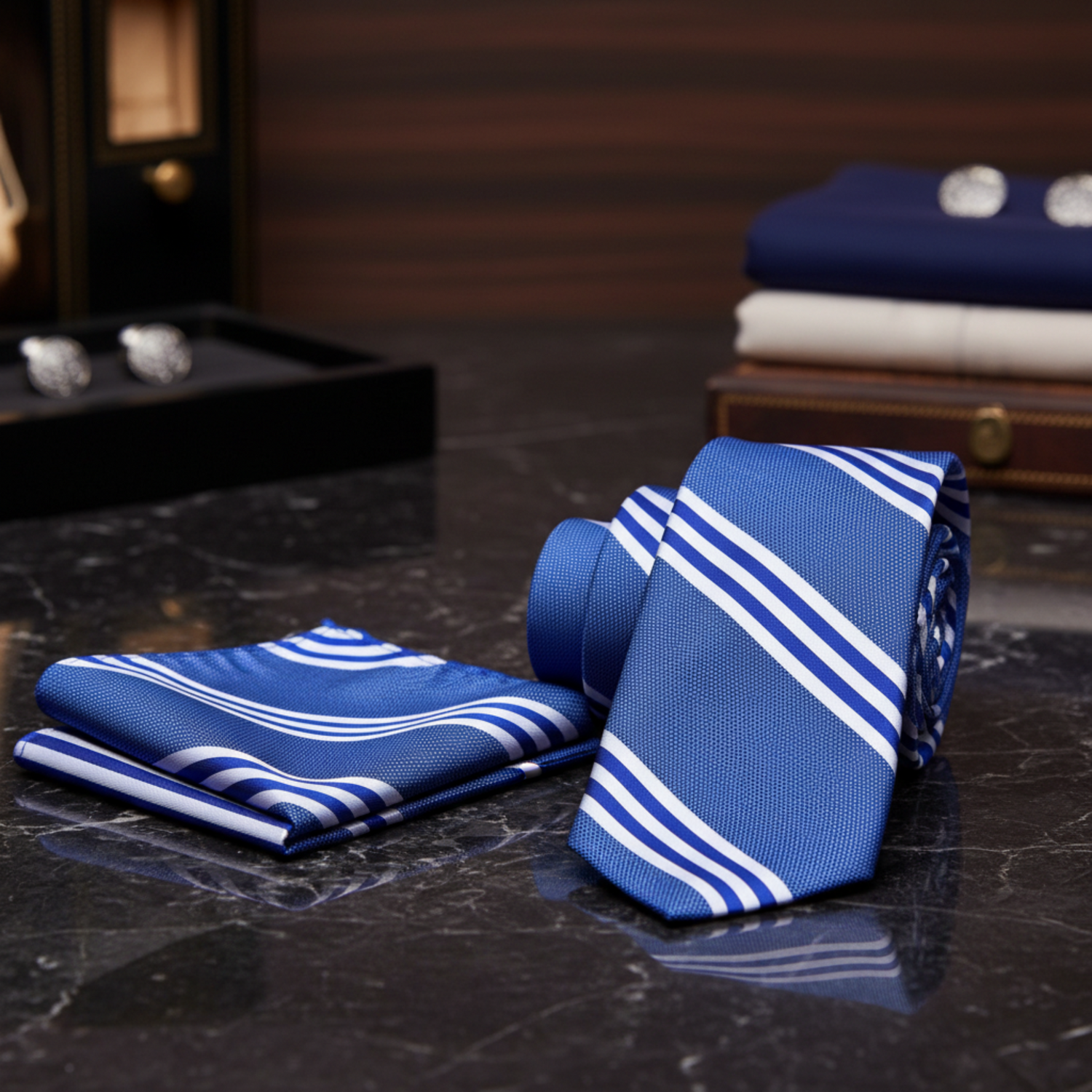 Royal Blue and White Stripe Necktie with Pocket Square Options